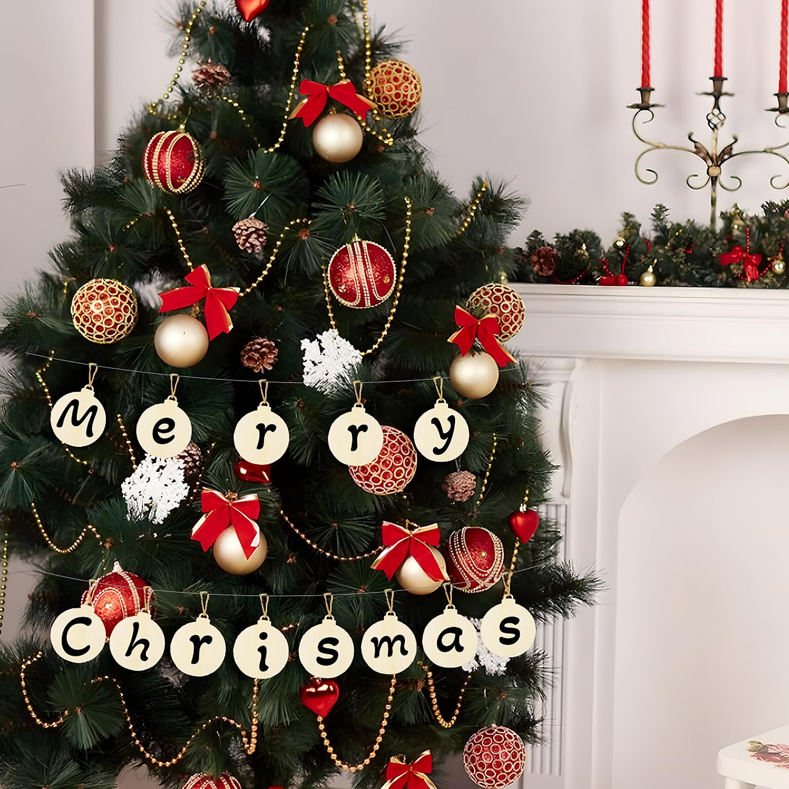 12 Stück Weihnachtsbaumanhänger Aus Holz – Schneeflocke, Weihnachtsbaum, Pferd, Elch, Weiß/rot