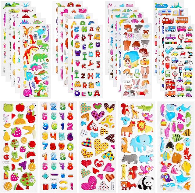JCF 3D Puffy Stickers Self Adhesive and Children 24 Different Sheets Stickers Including Animals Dinosaurs Cars Hearts Fruits Numbers for DIY Crafts Scrapbooking and Rewarding