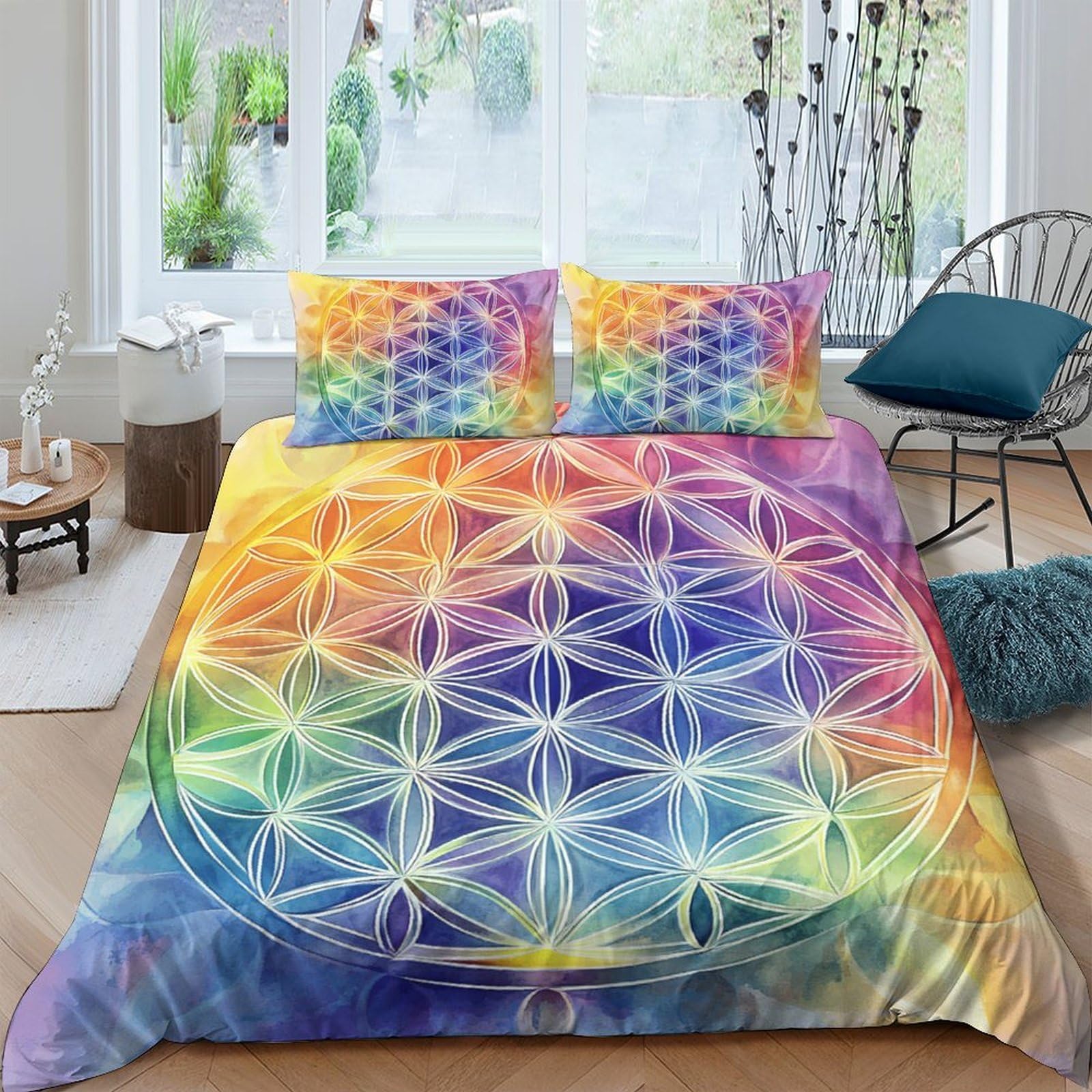 Ctjqhvkz Style-1 3D Printed Rainbow Geometric Fitted Sheet Microfiber Soft Breathable Mandala Bed Cover For Bedroom Guest Room Decor Single（135X200cm）