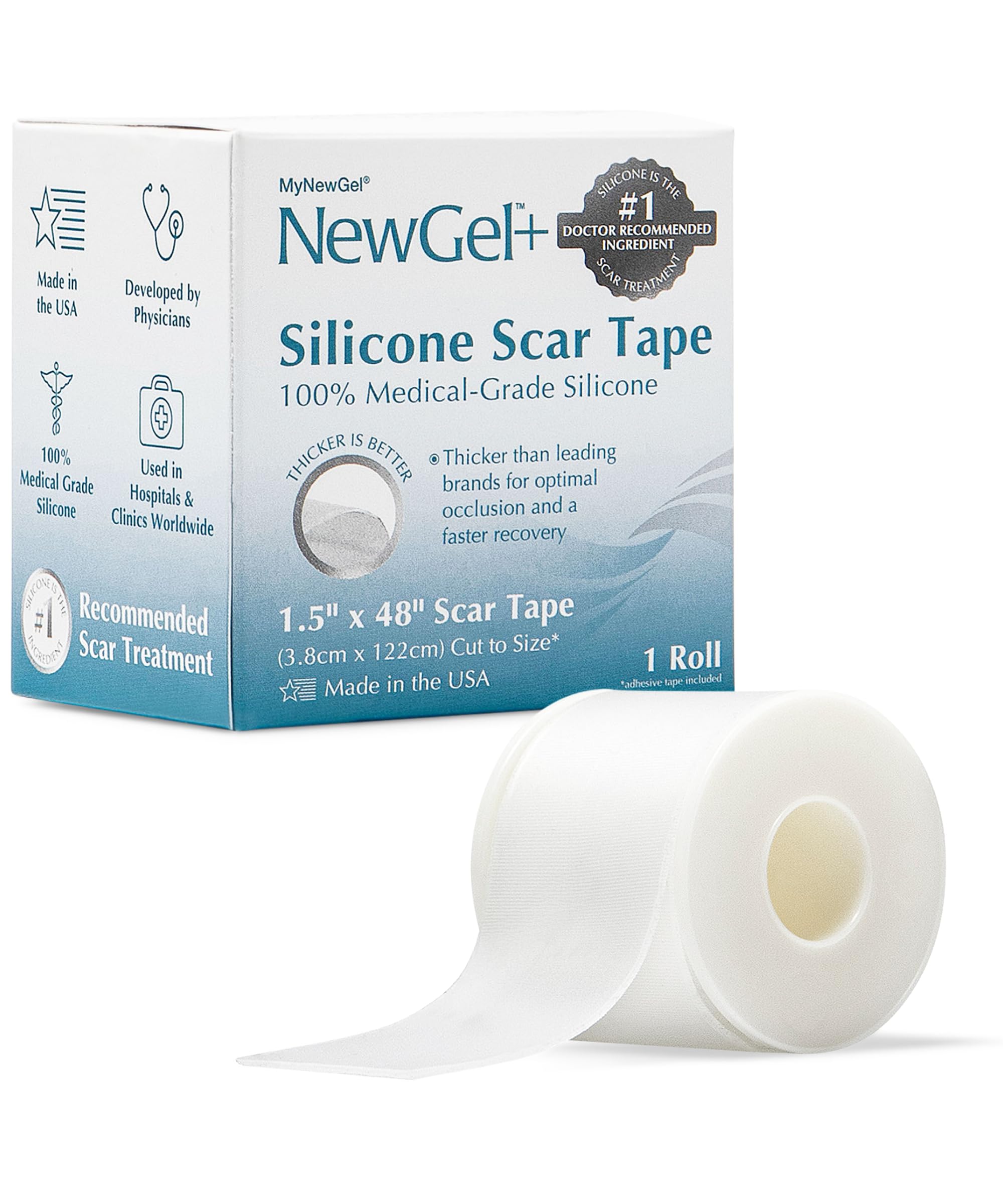 NewGel Plus - Rotolo di nastro per cicatrici in silicone 100% di grado medico, per chirurgia, taglio cesareo, cicatrici da cheloidi e acne, nastro in silicone riutilizzabile extra spesso da 1 mm