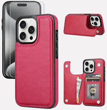 Compatible with iPhone 15 Pro 6.1 Wallet Case +1 Screen Protector, Slim Protective case with Card Holder, PU Leather Kickstand Card Slots Case Cover 6.1-Rose Red
