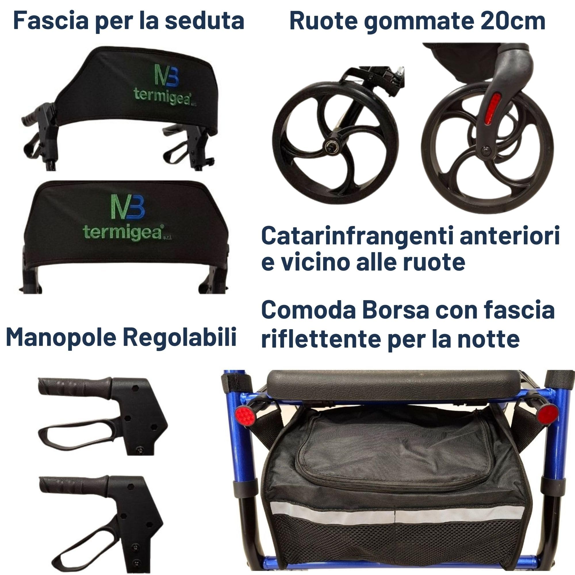 TERMIGEA RO31 - Deambulatore per Anziani con Seduta, Carrello per Anziani per Camminare Regolabile e Pieghevole in Alluminio Leggero (Portata 130KG) Dotato di Freni Classici e Freno di Stazionamento
