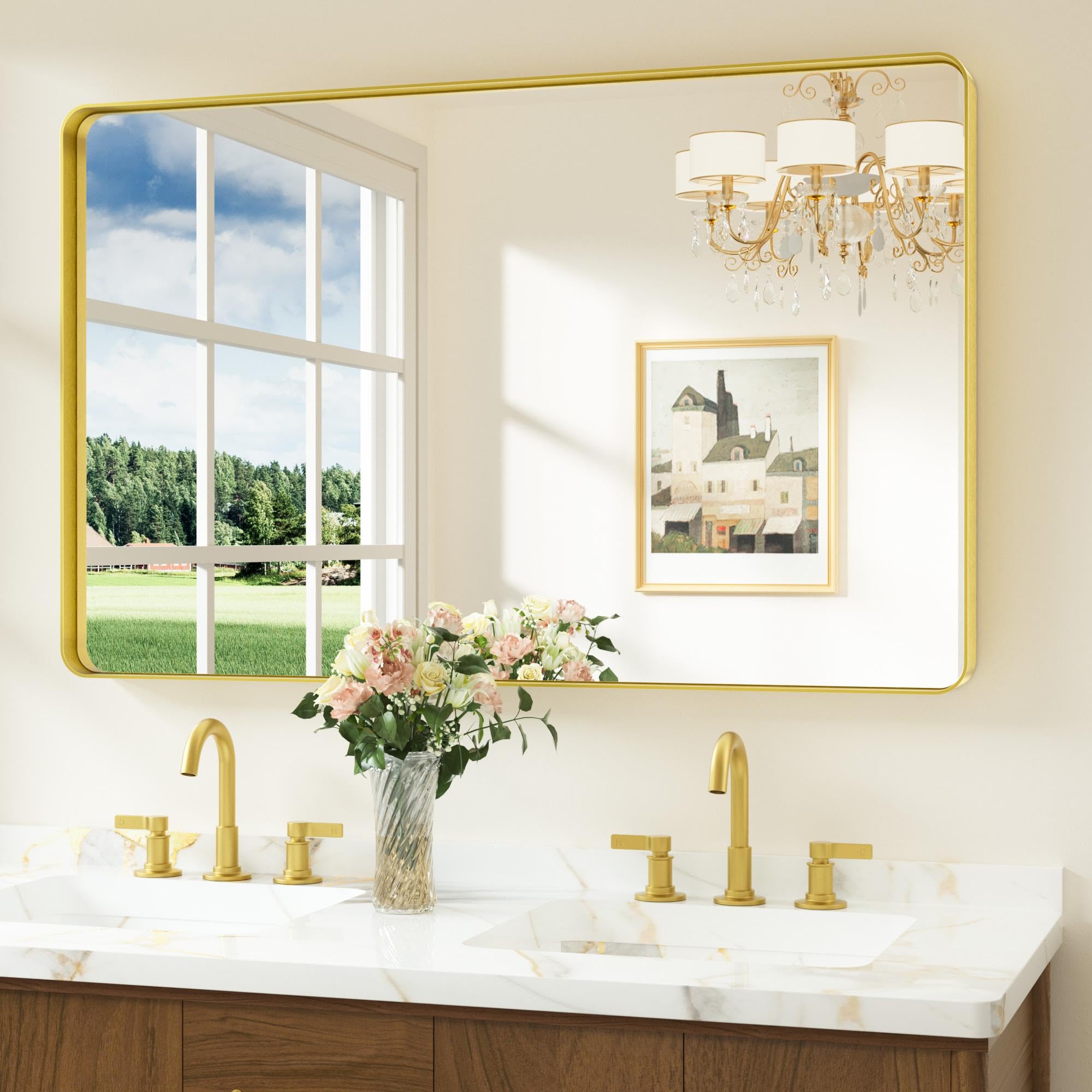 Keonjinn Badezimmerspiegel Schwarz/Gold/Nickel, Wandspiegel Badspiegel mit Metallrahmen, Gehärtetes Glas Rechteckiger Spiegel Flur für Badezimmer, Wohnzimmer, Schlafzimmer, Wanddekoration