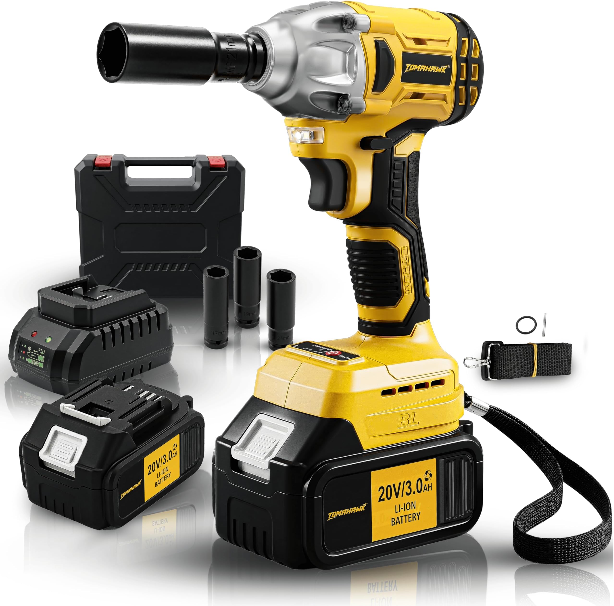 Tomahawk 20V Brushless Cordless Impact Wrench T8582, 300Nm Torque, ½” Square Drive + ¼” Hex, 2×3.0Ah Batteries, LED Light, Heavy Duty Professional Tool