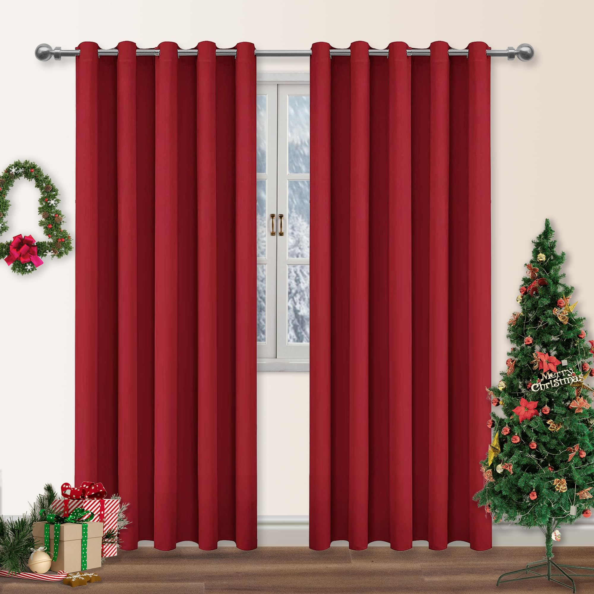 DWCN Christmas Blackout Curtains for Bedroom - Thermal Insulated Light Blocking Eyelet Window Curtains for Living Room 66 x 90 inch Length, Red, 2 Panels โ image 1