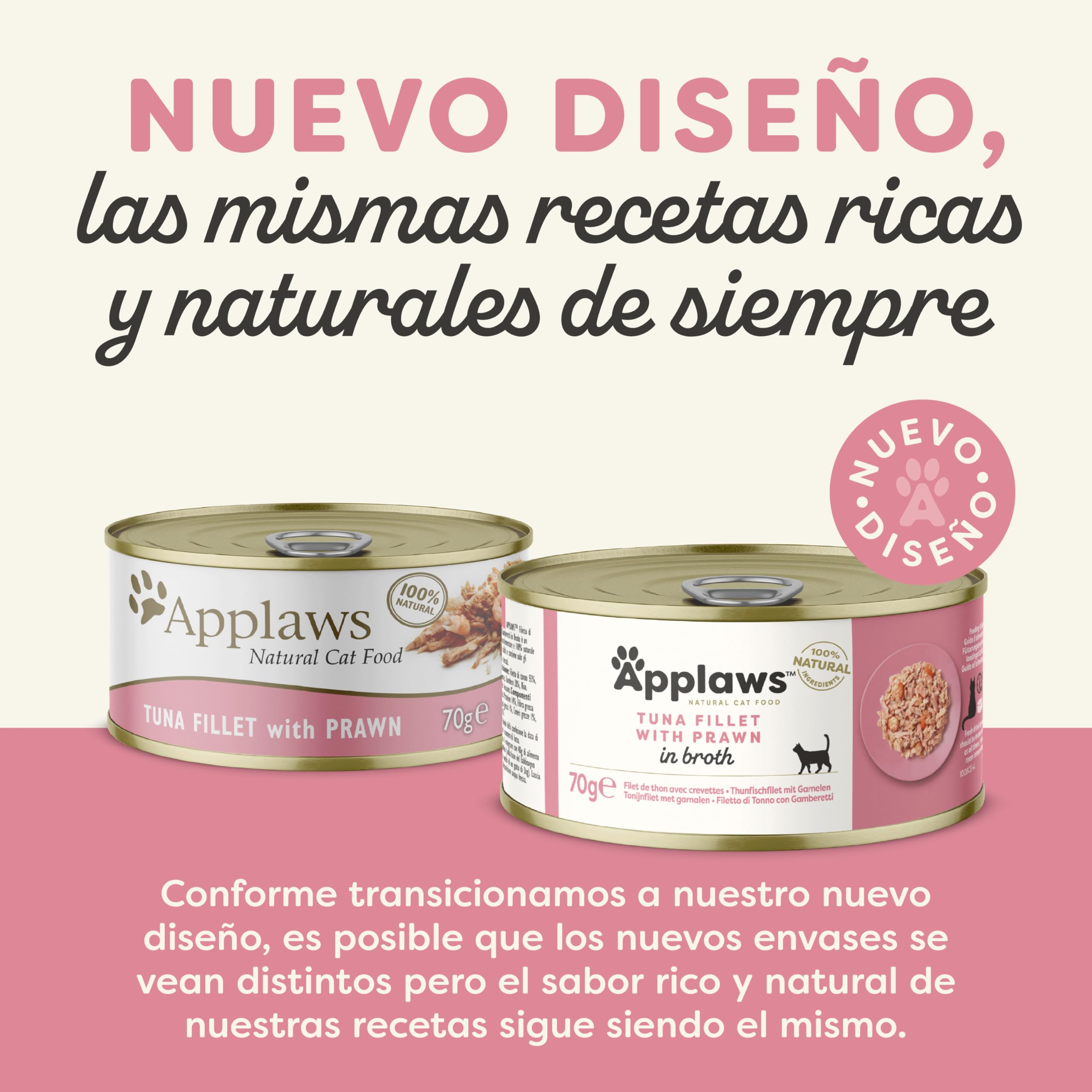 Applaws 100% Natural Comida Húmeda para Gatos Adultos - Filete de Atún y Camarón en Caldo - Paquete de 24 latas de 70g