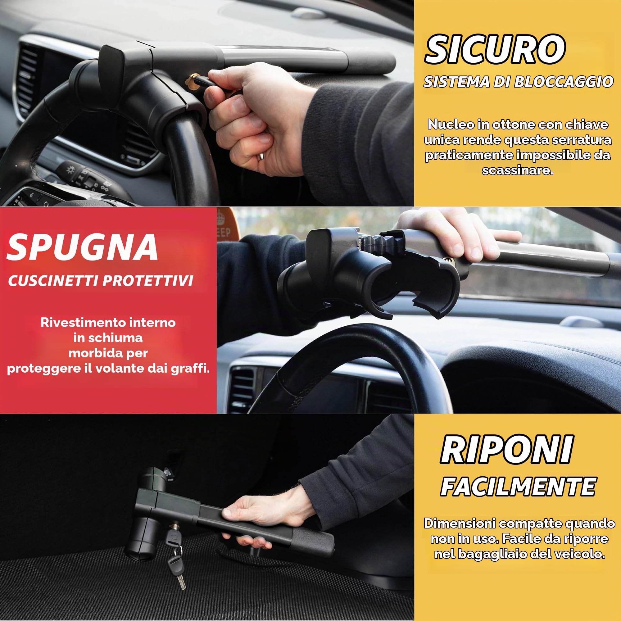 GADLANE Bloccasterzo T-Bar Nero - Serratura per Auto