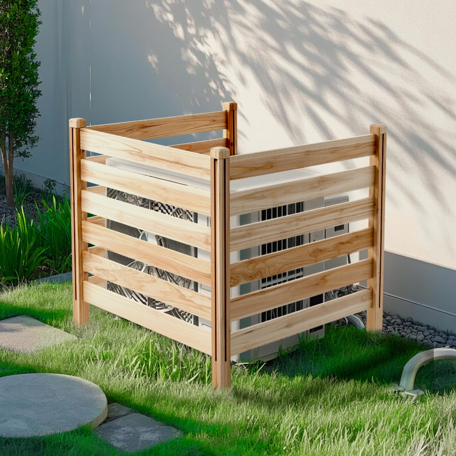 VEVOR Valla de Madera 914 x 914 mm, Valla de Listones de 3 Paneles, Cerramiento con Estacas de Metal, Valla de madera para Exteriores para Decoración de Jardín, Aire Acondicionado, Equipo de Piscina