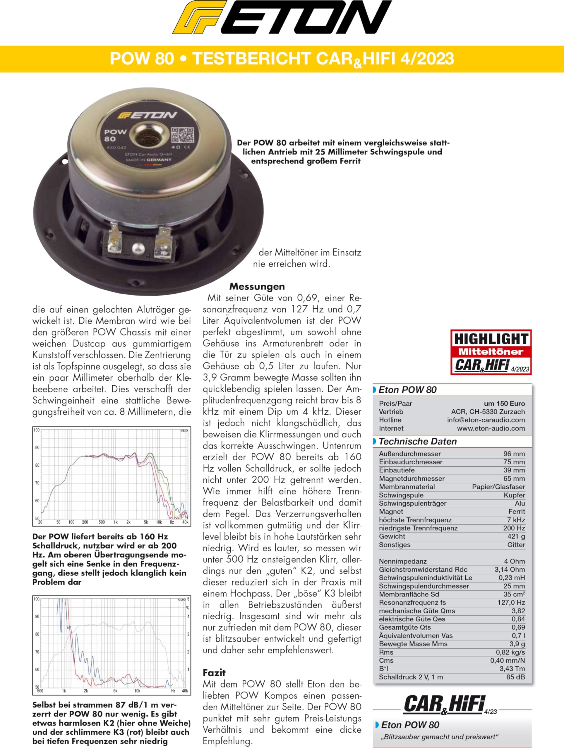 ETON POW 80 – Klangstarker 80 mm (3“) Mitteltöner, Auto Lautsprecher mit kräftigem Ferrit-Magneten, Sound System Ergänzung POW- / POW+ Serie, 1 Paar