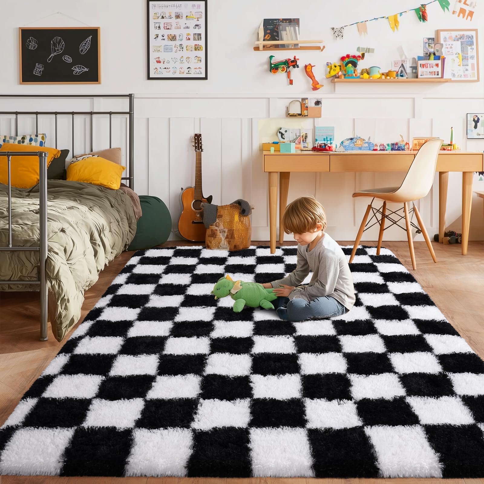 Photo 1 of Checkered Rug for Bedroom 4x6, Soft Plush Non Slip Fluffy Rug, Black White