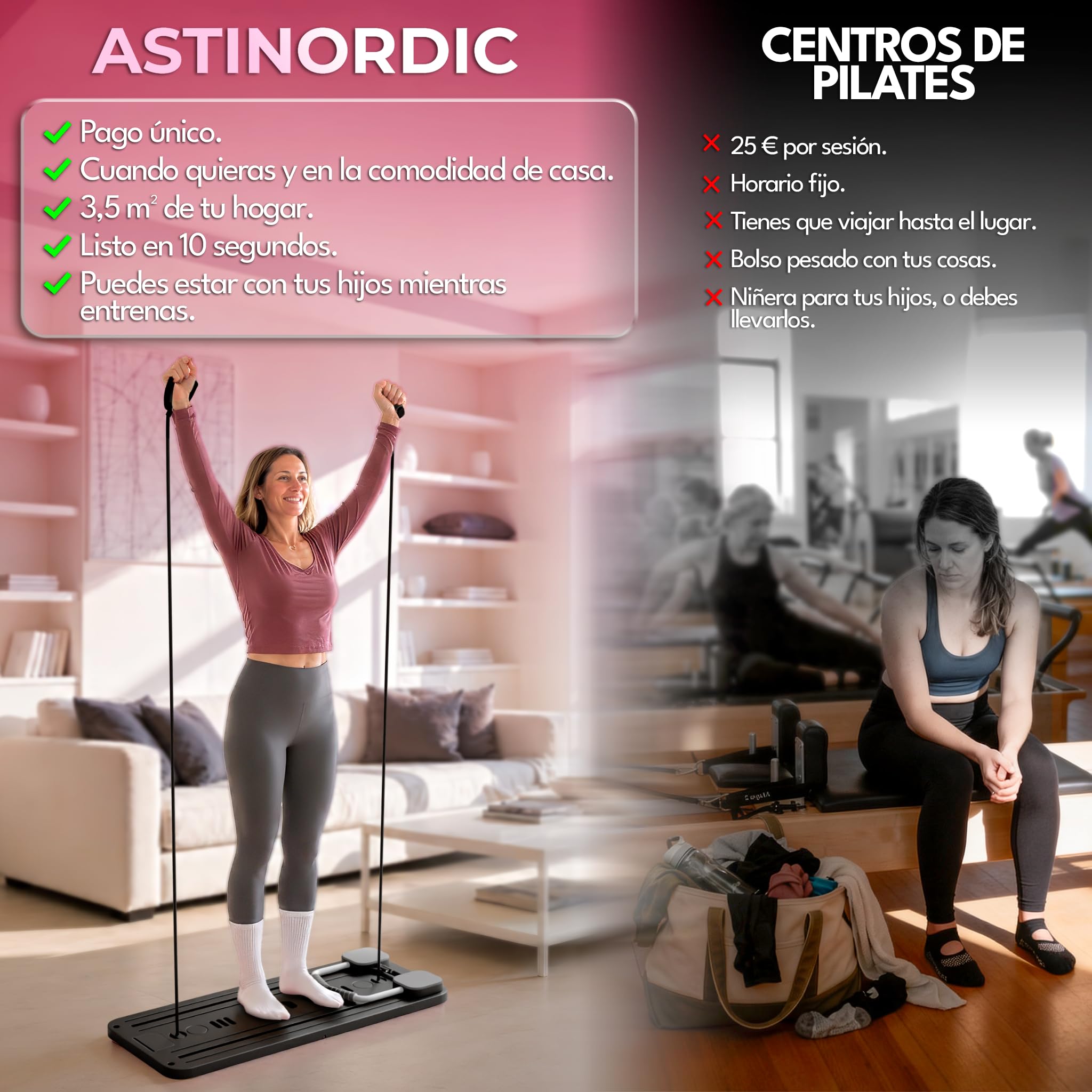 Pilates Reformer Plegable con Accesorios + Guía de 10 Ejercicios, Pilates Board para Casa, Tabla Pilates Multifuncional, Mini Reformer Pilates, Máquina Pilates Home Gym