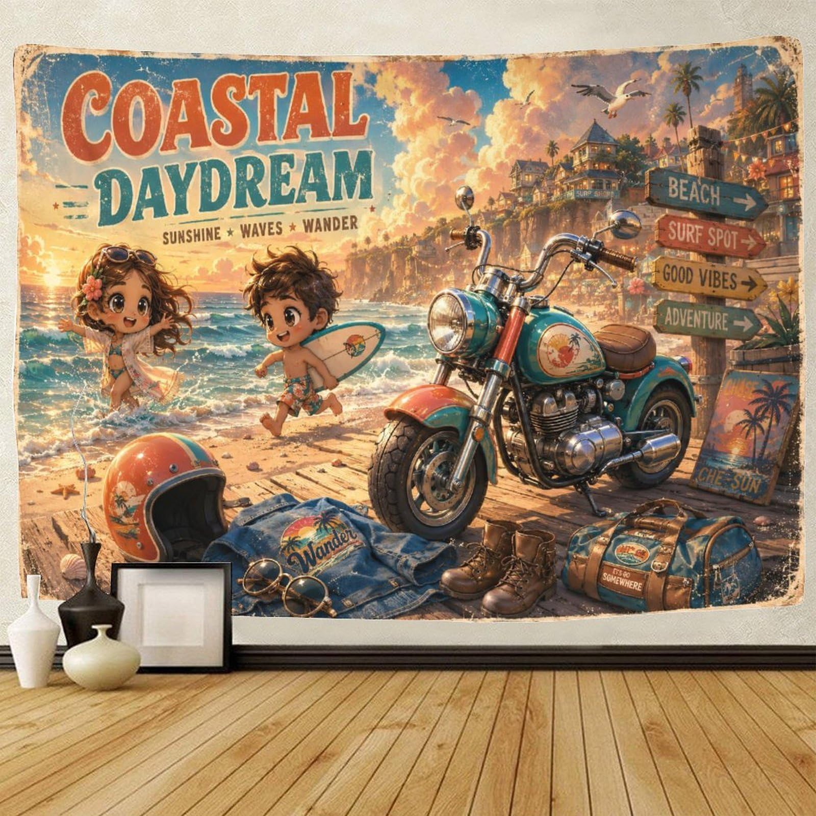 GPMNBCXZK Chibi Motorcycles And Beaches Wall Art Decor Wall Hanging Decor 3D Print Tapestry Tapestries Poster Curtain Living Room Dorm 150cmx200cm