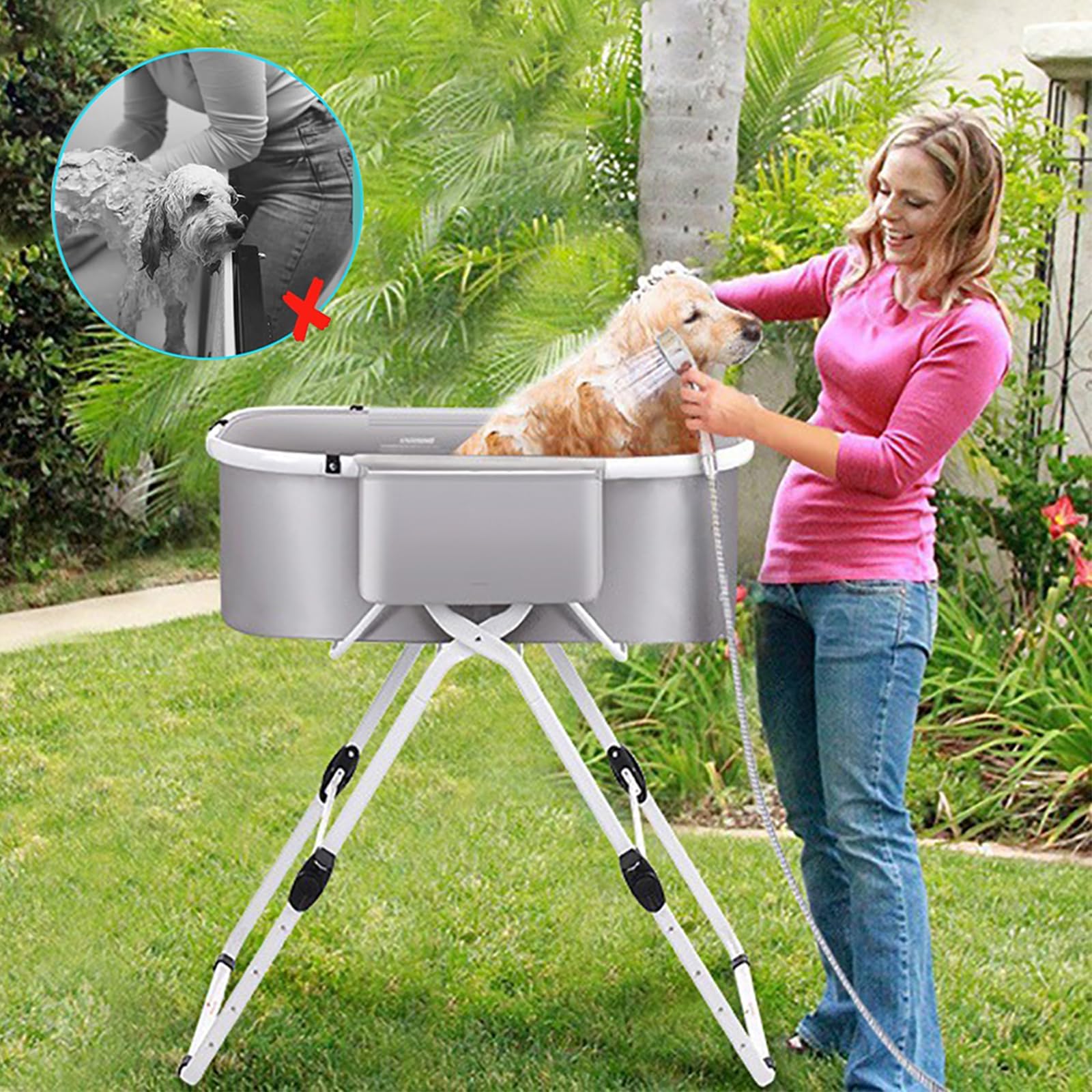 Baignoire portable pour chien 3 en 1 - Station de bain pliable pour chiens de petite et moyenne taille - Pour le bain, la douche et les soins - 5 niveaux réglables en hauteur