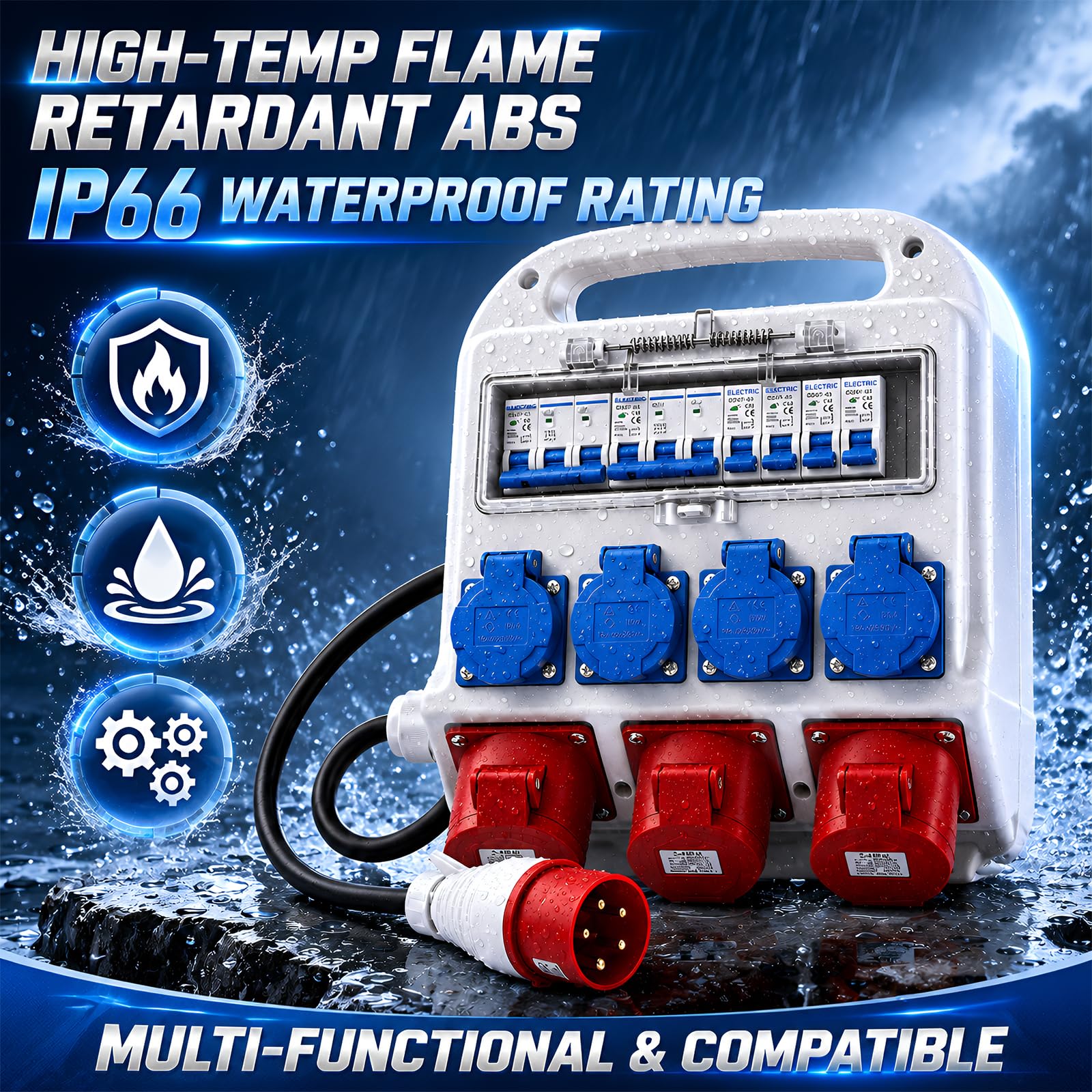 Coffret Électrique de Chantier, 32A Répartiteur de Courant avec 2x CEE 16A & 1x CEE 32A & 4x 230V Schuko, IP67 Tableaux à Disjoncteurs Électriques avec Disjoncteur FI, pour Intérieur Extérieur
