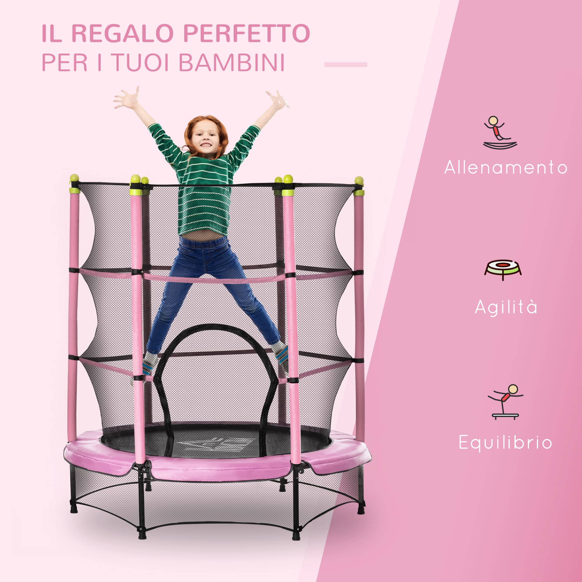 HOMCOM Trampolino da Giardino per Bambini 3-6 Anni Φ140x160cm, Tappeto Elastico con Rete, Bordo Imbottito e Corde Elastiche