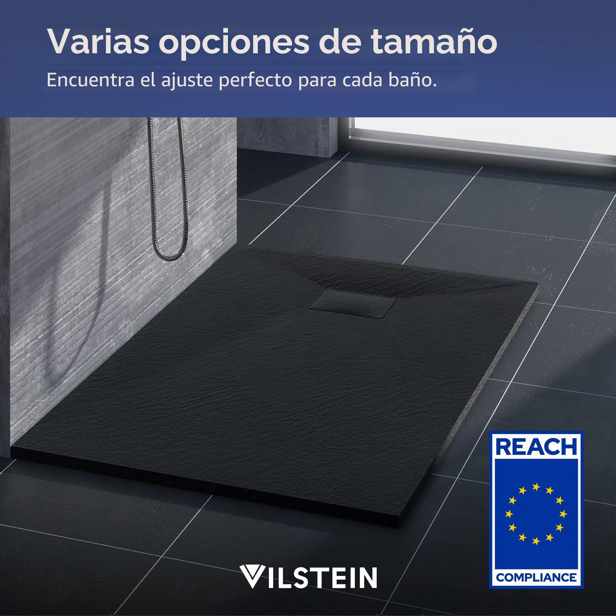 VILSTEIN Plato de ducha de 120 x 70 cm, aspecto de piedra, aspecto de pizarra, plato de ducha de diseño, plano, antideslizante, negro, incluye cubierta estándar