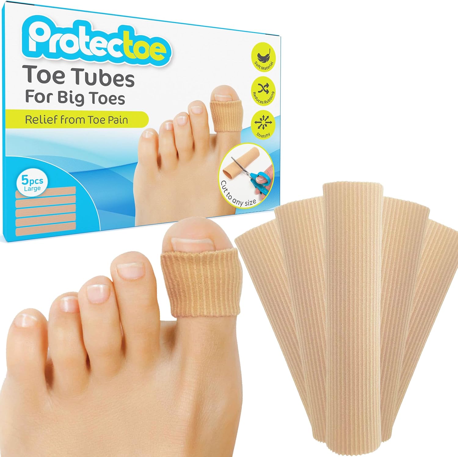 Pack of 5 Protectoe Toe Cushion Tubes, Toe Protectors, Toe Bandage 15cm