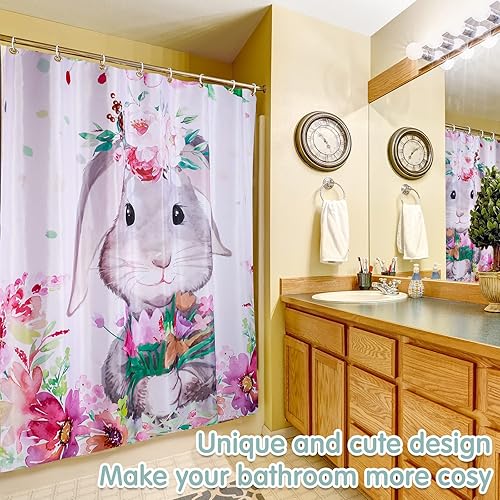 Miniatura 5 de Tegeme Cortina de ducha de Pascua, conejo, Pascua, cortina de ducha de baño, flores de primavera, divertido conejo, tela de conejo, juego de