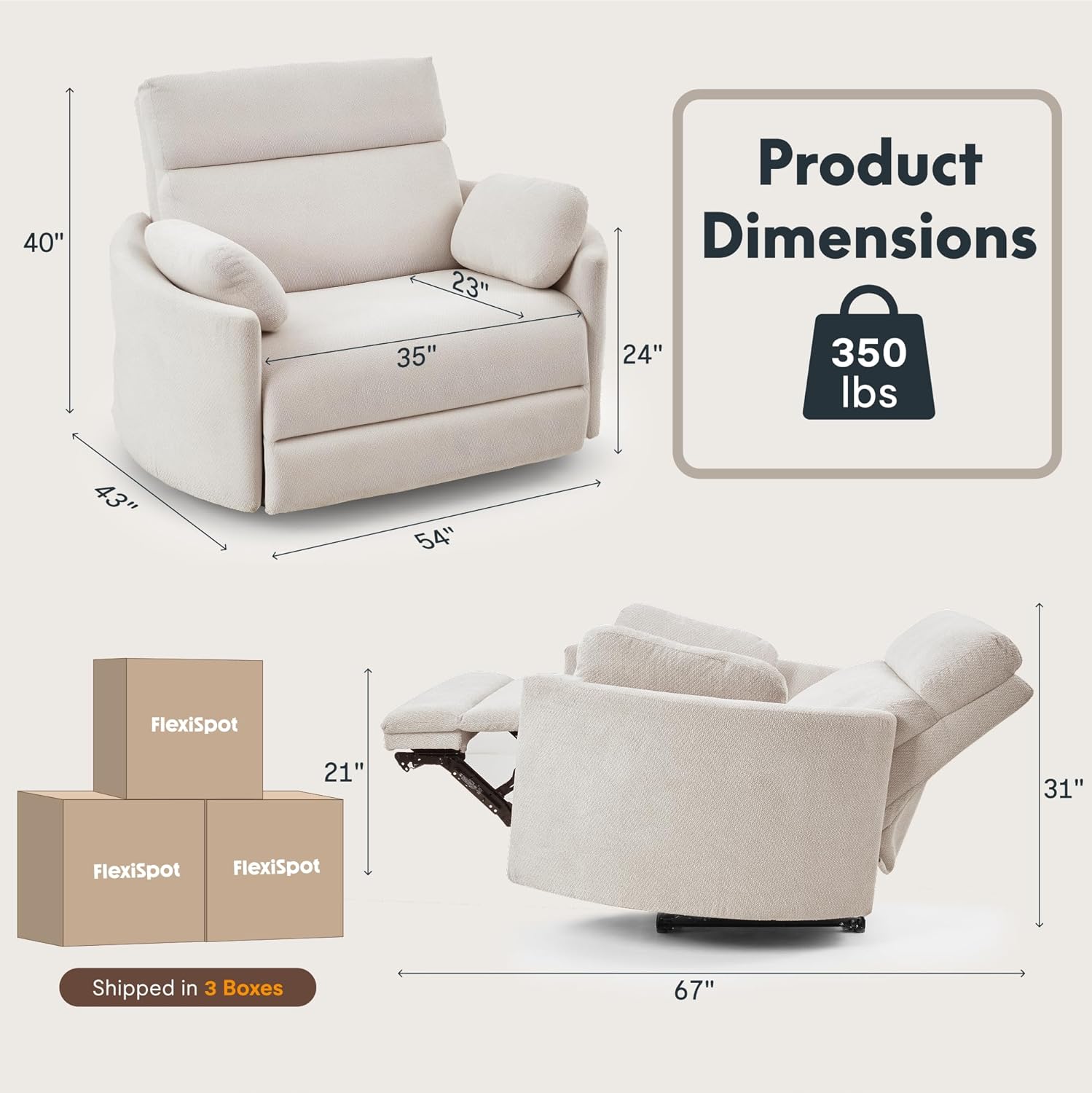 FLEXISPOT Mochi Oversized 54" Power Recliner Chair for Big and Tall Adults, Chenille Fabric Electric Recliner with USB & Type-C Ports, Wide Single Sofa with Pillows for Living Room & Bedroom, Beige