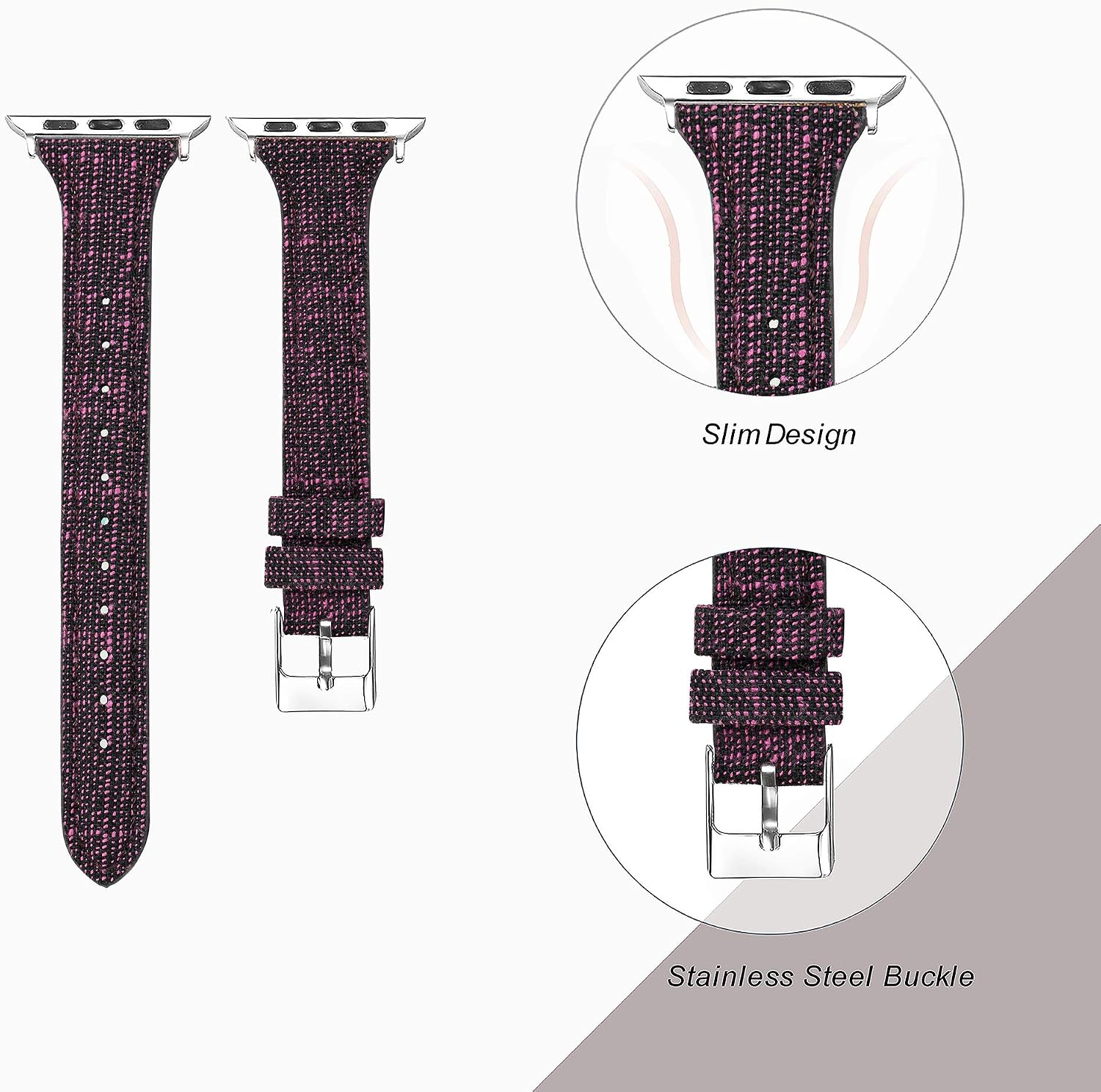 Secbolt Slim Woven Bands Compatible with Apple Watch Band 38mm 40mm, Classy Canvas Strap with Soft Leather Lining for iWatch SE Series 6/5/4/3/2/1, Pink Blast