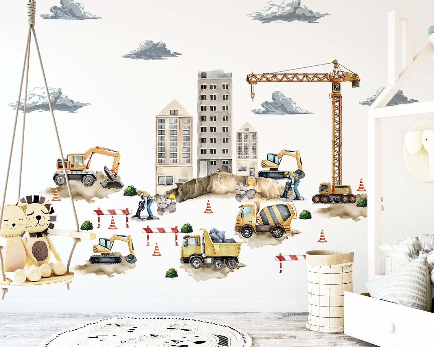 Large Construction Wall Decals, Construction Vehicles Wall Sticker,Excavator Tractor Crane Cement Mixer Car Mural Decor,Removable Architectural Sticker for Kid Boys Nursery Bedroom Playroom Art Decor
