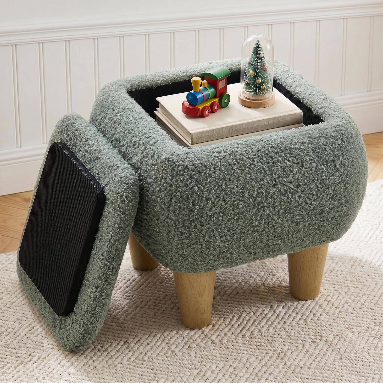 Warmiehomy 31cm Small Storage Footstool, Teddy Pouffe with Lid, Green