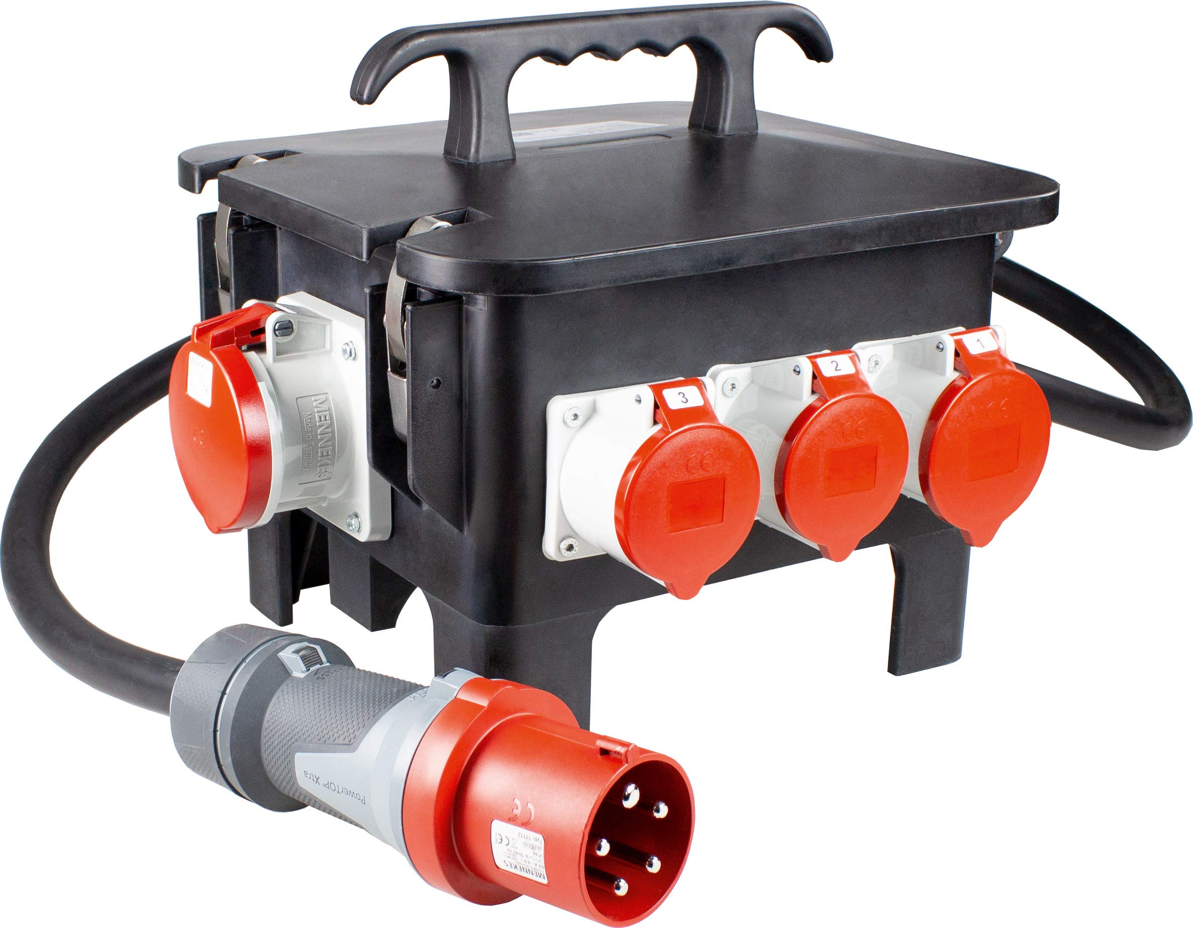as - Schwabe Baustromverteiler – CEE-Stecker 400V/63A/5-polig - Starkstrom Adapter - 3 x Schuko, 2 x CEE 400V/16A/5-polig, 1 x 400V/32A/5-polig, 1 x 400V/63A/5-polig – Made Germany – IP44, 61562