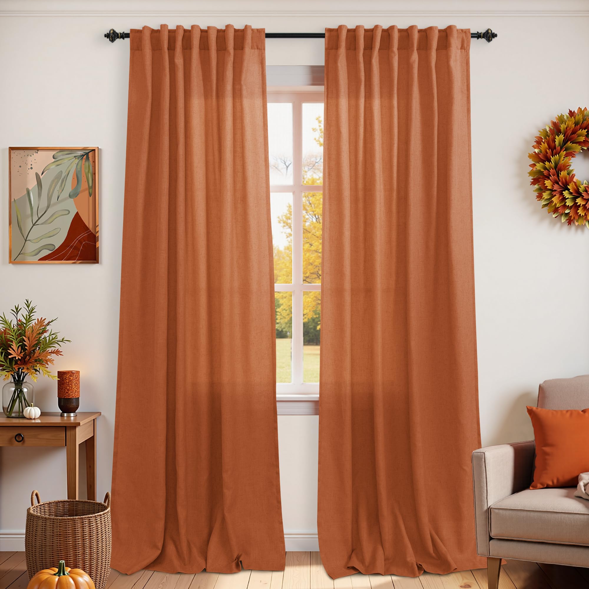 KOUFALL Retro Curtains 70s for Bedroom,Sheer Funky Curtains for Living Room,90 Inches Long,Burnt Orange