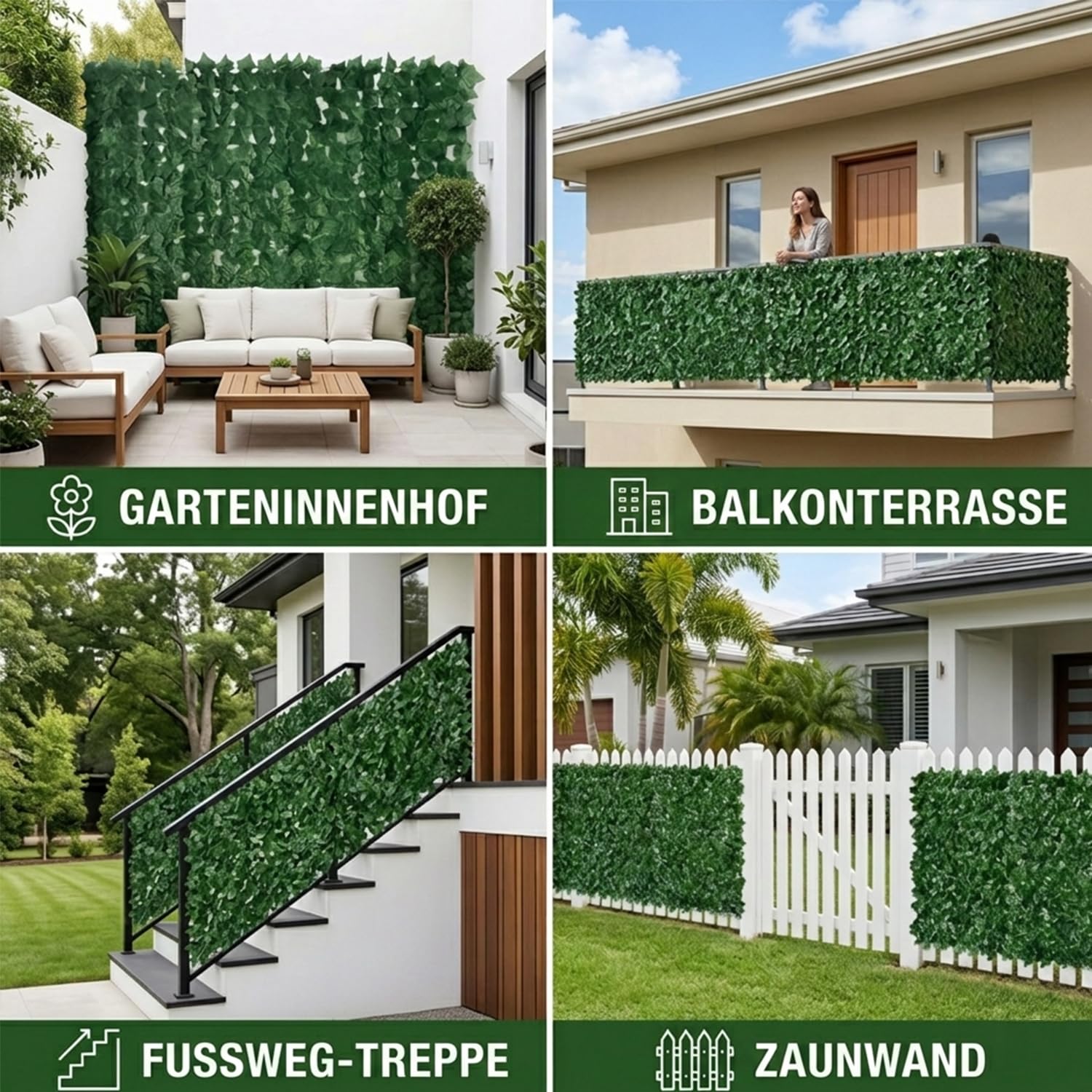 Künstliche Efeu Garten Sichtschutz,Balkon Sichtschutz,Künstliche Efeu Blatt Dekoration für Gartenhecken Balkon Außendekoration 100 x 300 cm