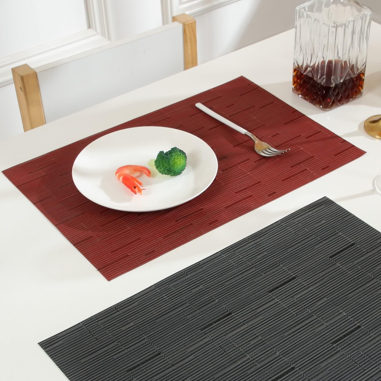 Tischsets Platzsets Abwaschbar, Tischset Rot 10er Set Linien Gewebte Textur PVC Platzset 30x45cm
