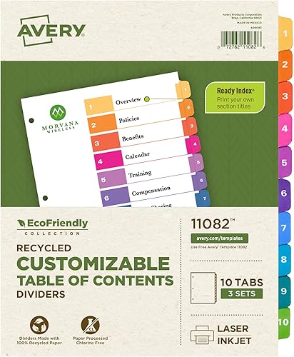 Avery ecofriendly Ready índice Tabla de contenido divisor, multicolor 110, Carta, 3pk