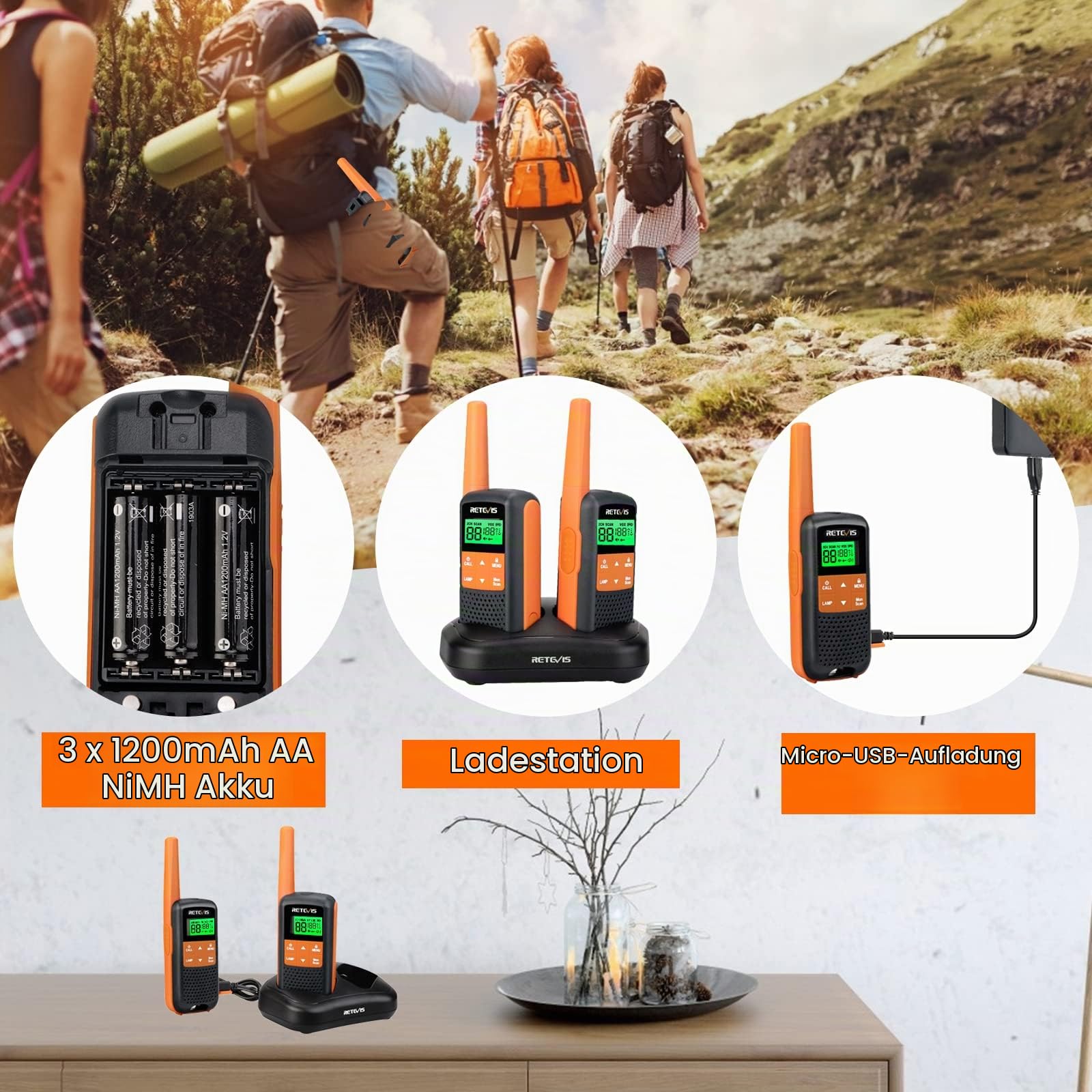 Retevis RT649 Walkie Talkie, IP65 wasserdichte Funkgerät Set Outdoor | PMR446 Walki Talki Erwachsene, Camping Freien, 1200mAh Akku, 16 Kanäle, Blitzlicht, Scan Zwei Lademethoden, Tastatursperre
