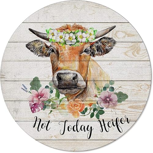 Miniatura 2 de Round Area Rug 3 Ft for Bathroom Collection Room Area Floor Mat Farms Cows Flowers Interesting Text Not Today Heifer Wood Grain Non-Slip and