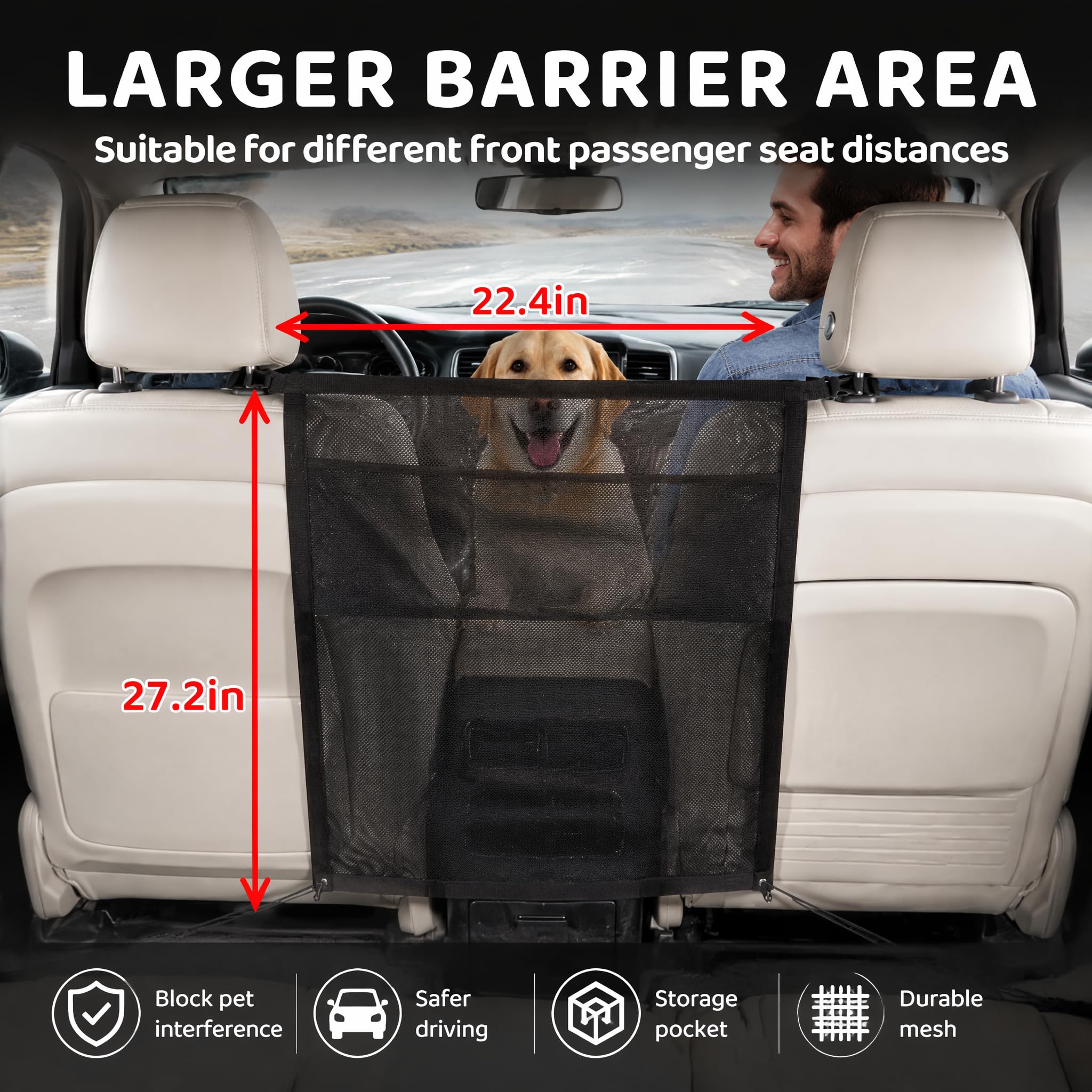 Barrière de voiture pour chien pour SUV, séparateur en maille robuste avec poche de rangement