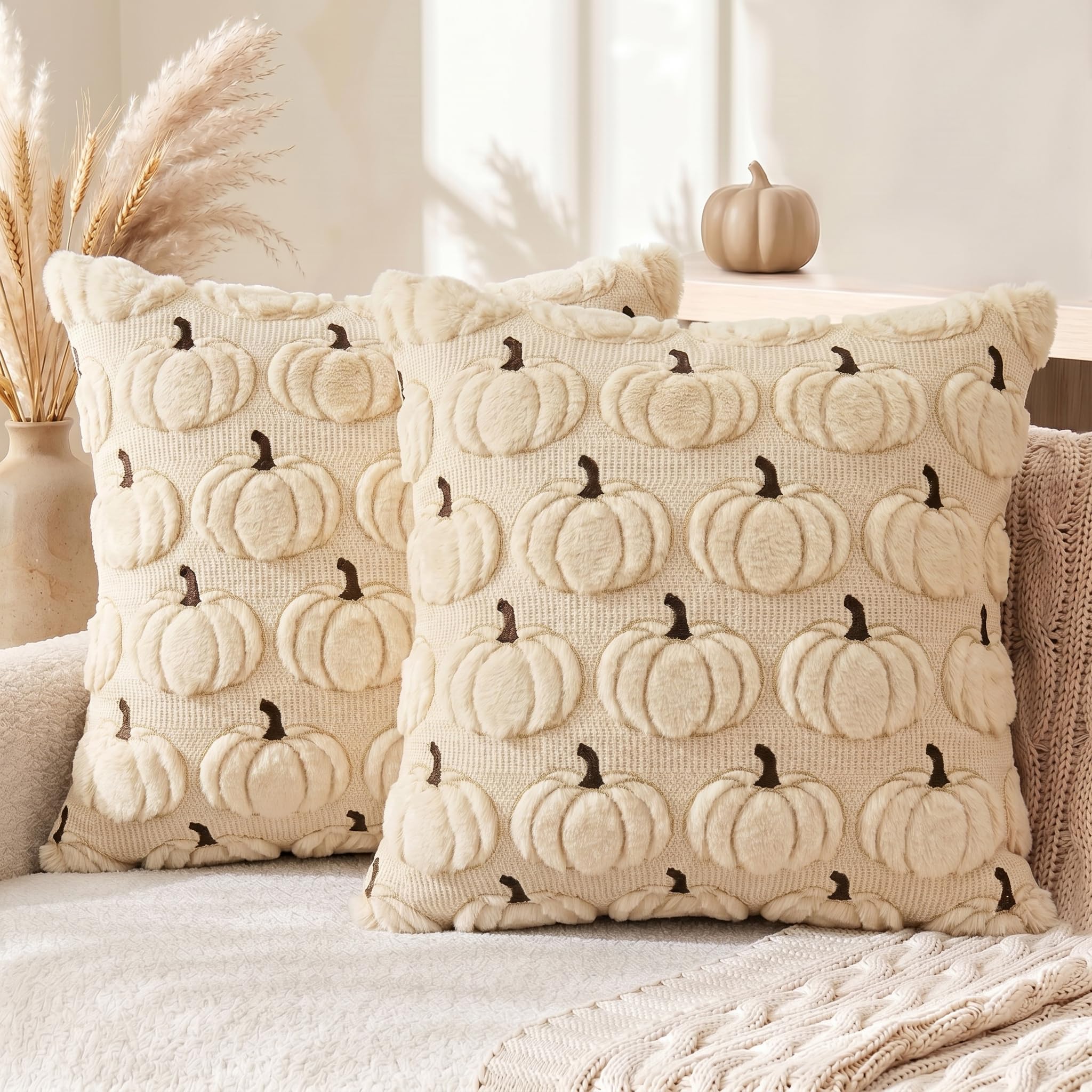 Artoid Mode Faux Fur Beige Pumpkins Autumn Cushion Covers 45x45 cm Set of 2
