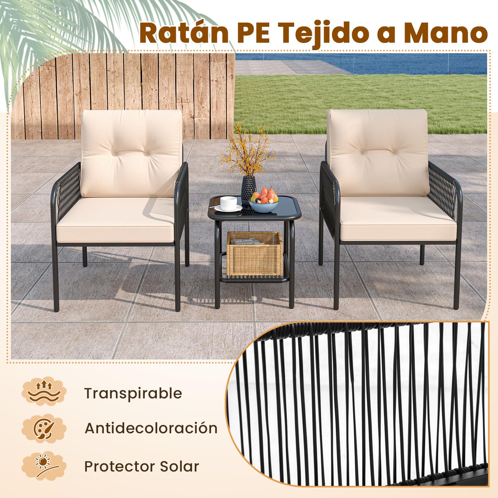 COSTWAY Conjunto Jardin Exterior de Ratan PE 3 Piezas, Mesa de Vidrio Templado, 2 Sillas con Cojines, Mesa y Sillas Muebles Jardin Terraza Balcon Exterior
