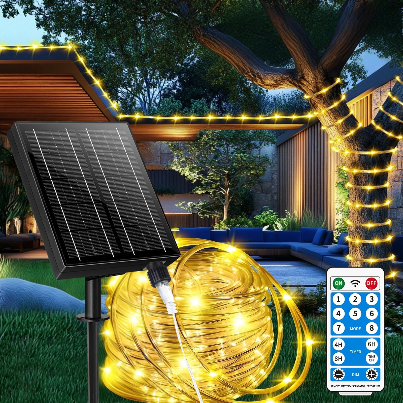 Tira de luces solares de tubo más grueso de 98 pies con control remoto para jardín, blanco cálido, IP67, 300 LED, tira de luces solares para exteriores, impermeable, para patio, árbol, vacaciones