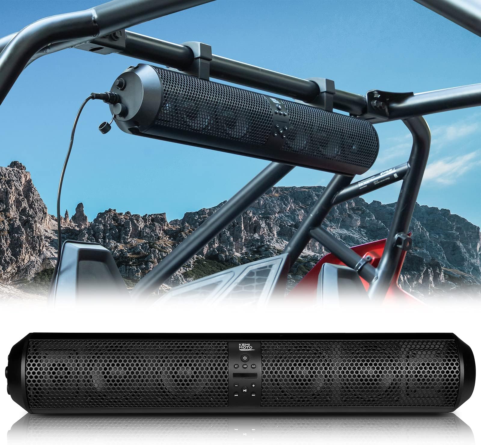 UTV Sound Bar 28-Inch 2X Tweeter and 4X Subwoofer Bluetooth-Compatible Wireless Control Soundbar Compatible with Polaris RZR Can-Am X3 Defender CFMOTO for 1.56"- 2.25" Roll Cage RMS 80W