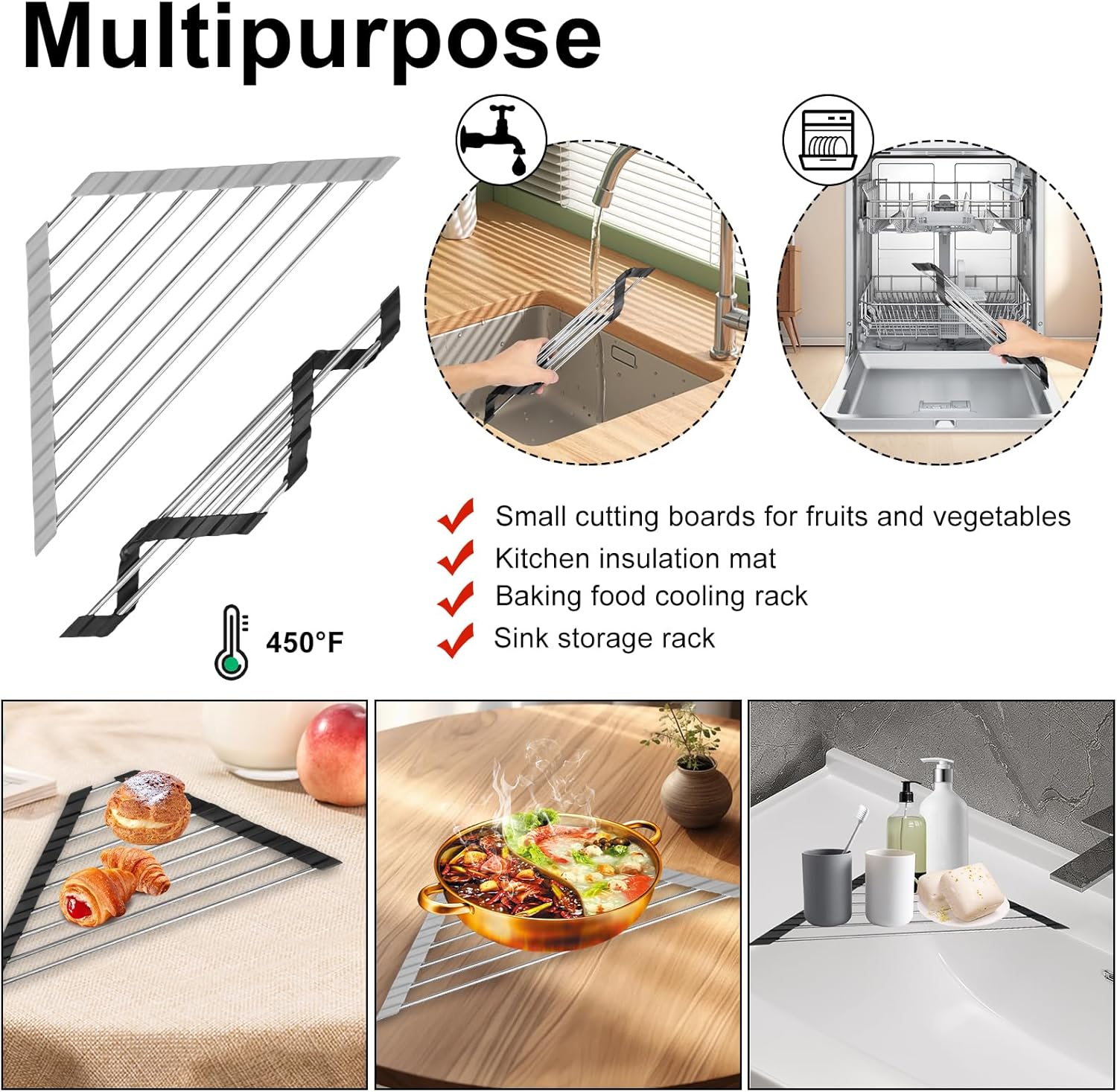 8Pcs Triangle Dish Drying Rack, Corner Stainless Steel Draining Rack, Foldable Over The Sink Corner Dish Drainer Mat, Space Saving Sink Corner Shelf for Kitchen Bathroom