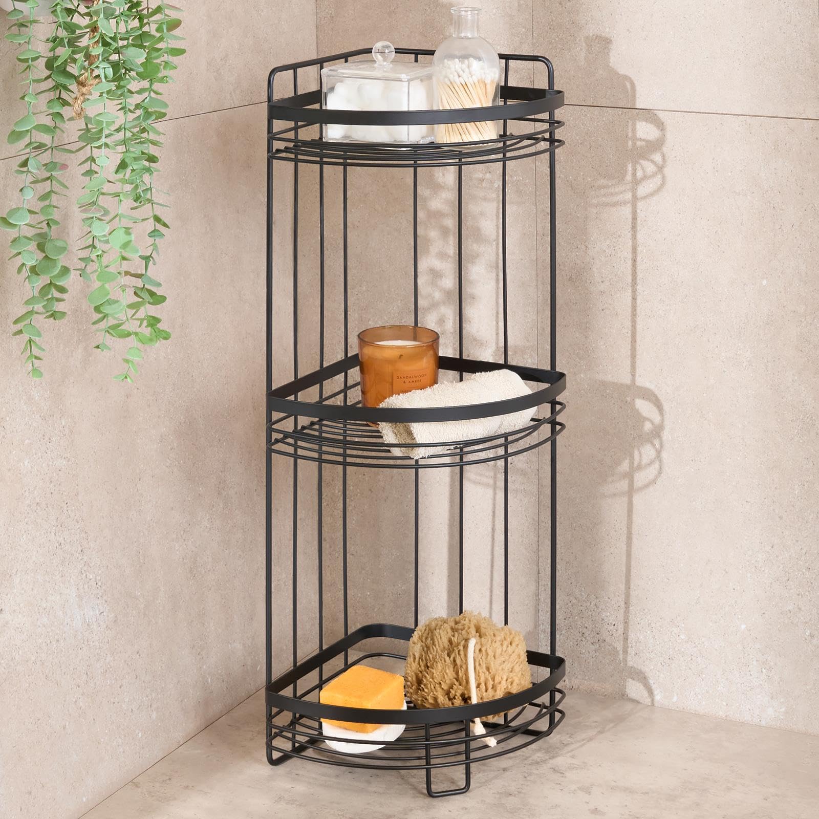 Ohs Black 3 Tier Bathroom Corner Shelf Counter Organizer, Floor Bathroom Caddy Freestanding Wire Plastic Corner Shower Storage Organizer Display Shelves For Toiletries Shampoo