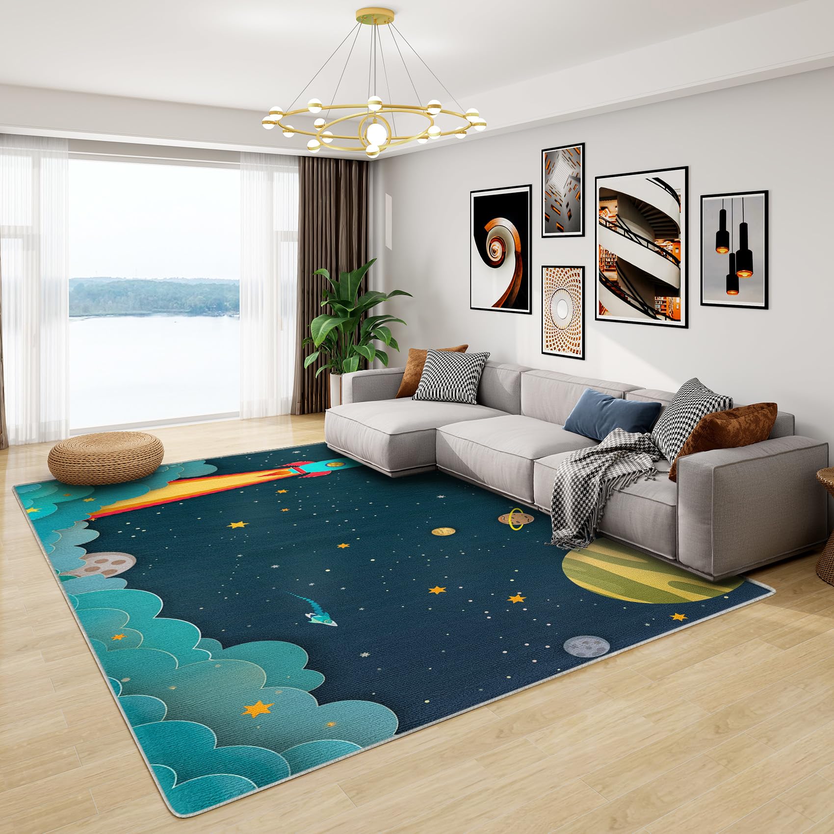 Space Rugs for Boys Bedroom - Kids Outer Space Rug, Rocket Planet Rugs for Living Room Bedroom, Washable Non Slip Soft Small Carpet, Patterned Area Rugs & Home Decor 50x80 cm