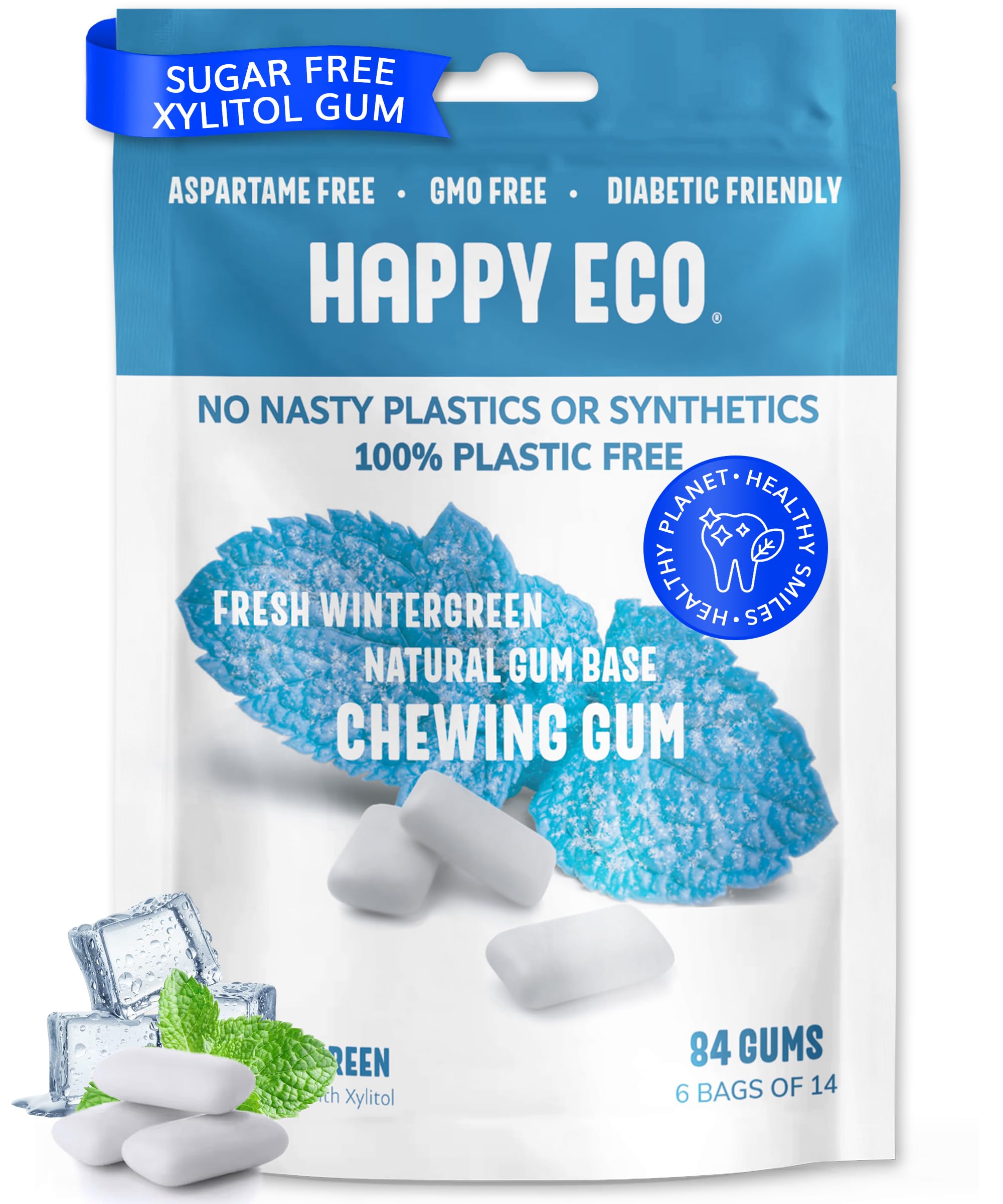 Sugar Free Natural Chewing Gum (84 Pcs) - Xylitol Gum with Stevia - Aspartame Free - All Natural Gum - Vegan, Gluten Free Keto - Wintergreen