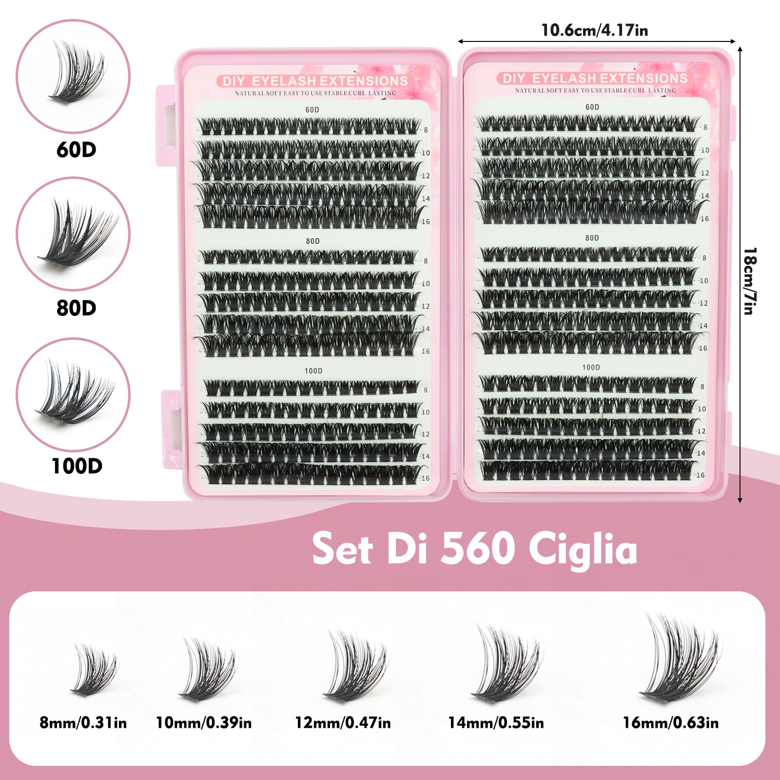 VEGCOO 560 Pezzi Ciglia Finte Extension Ciglia, 60-80-100D Curl Ciglia Finte Ciuffetti, 8-16mm Kit di Extension per Ciglia, DIY Eyelash Extension per Ragazze e Donne Principianti