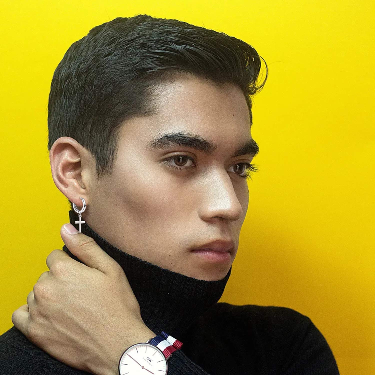 Damen Herren Sterling Silber schwarz Creolen Silber Kreuz Ohrringe und Sterne Creolen für Frauen Mädchen Männer Junge Frauen Teenager Mädchen Kind