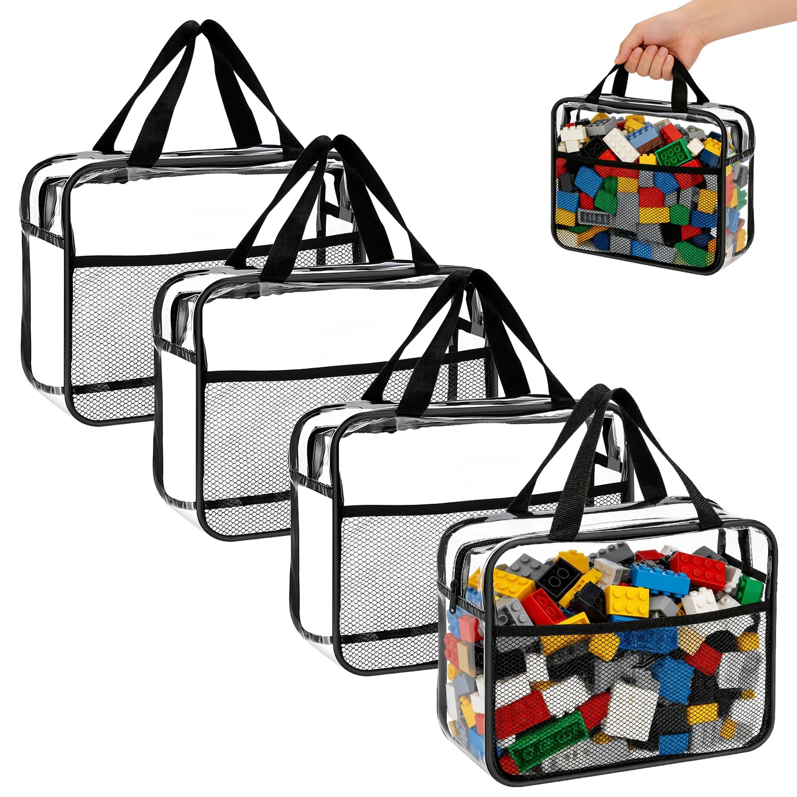 Xygobla 4 Pack Toy Storage Bags with Zipper, Clear PVC Toy Organiser Bags with Handle & Mesh Pocket, Waterproof Storage Bags for Building Blocks, Puzzle, Board Games, Kids Toy Storage Organiser
