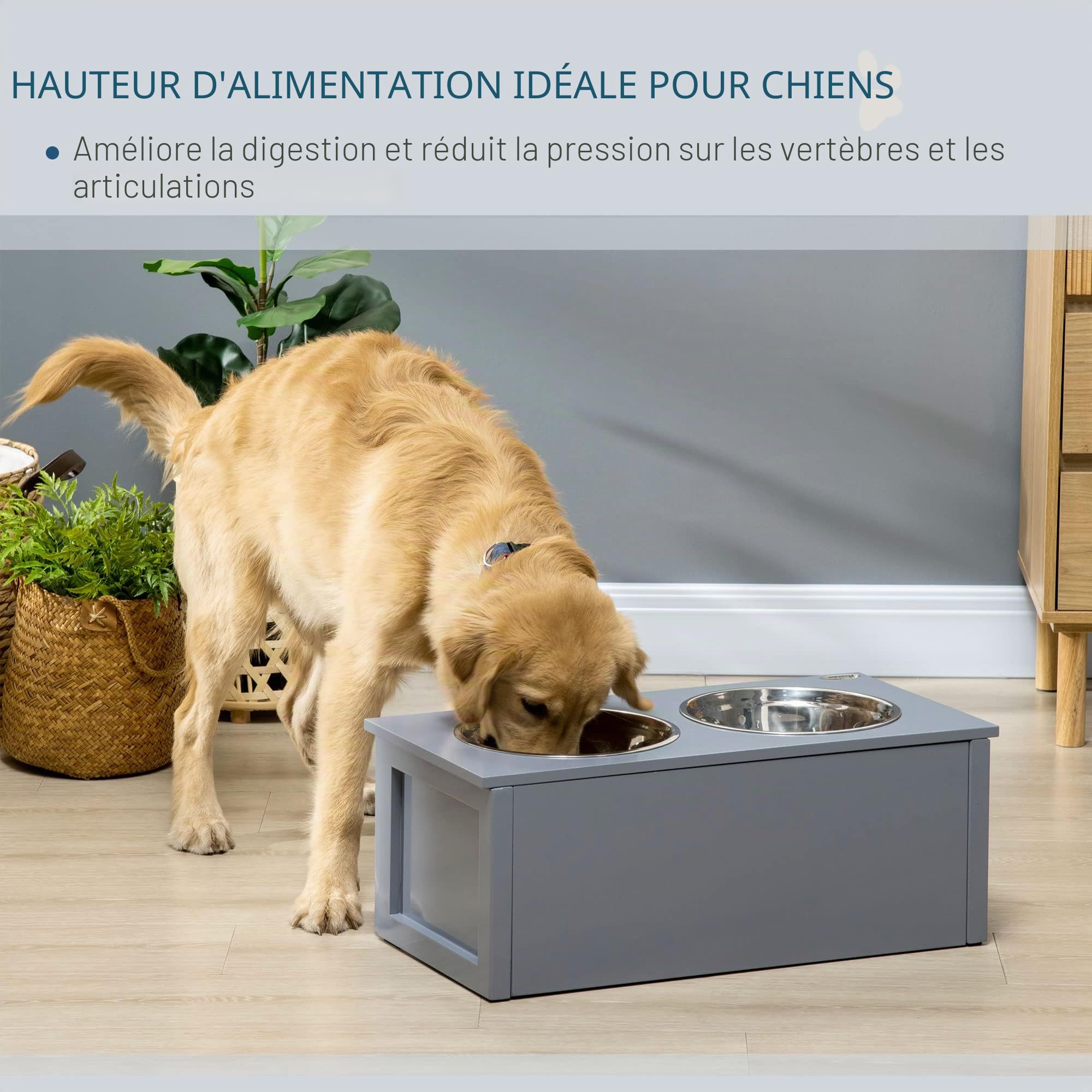 PawHut Gamelle surélevée avec tiroir pour Chiens Moyens et Chats Gris
