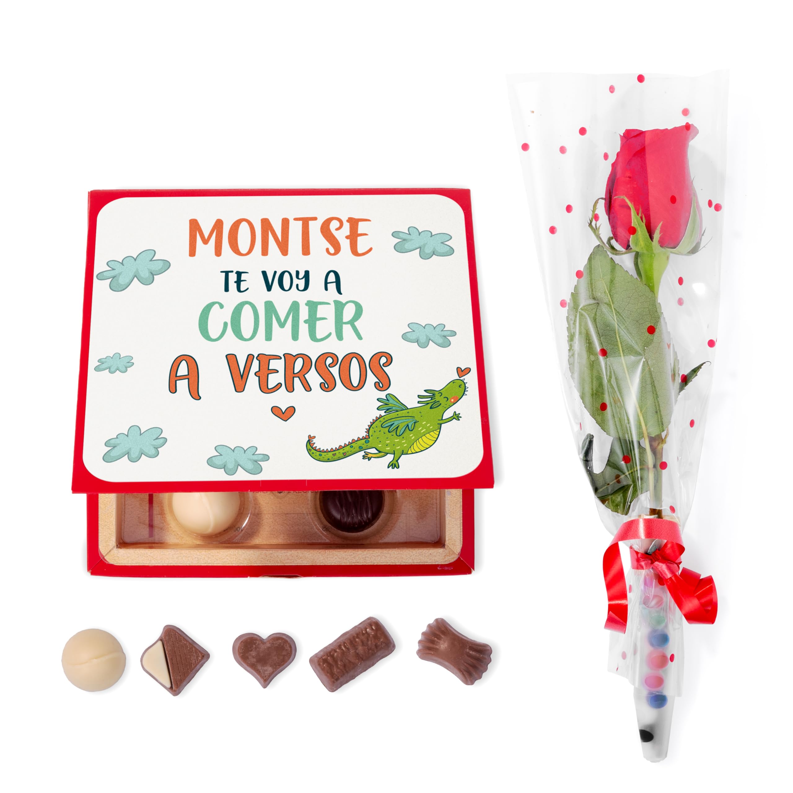 Made In Gift - Pack Sant Jordi Rosa y Bombones Personalizado con Nombre – Regalo Romántico “Te Voy a Comer a Versos” – Detalle Original con Chocolate para Pareja 23 Abril (Feliz Sant Jordi) — view 5