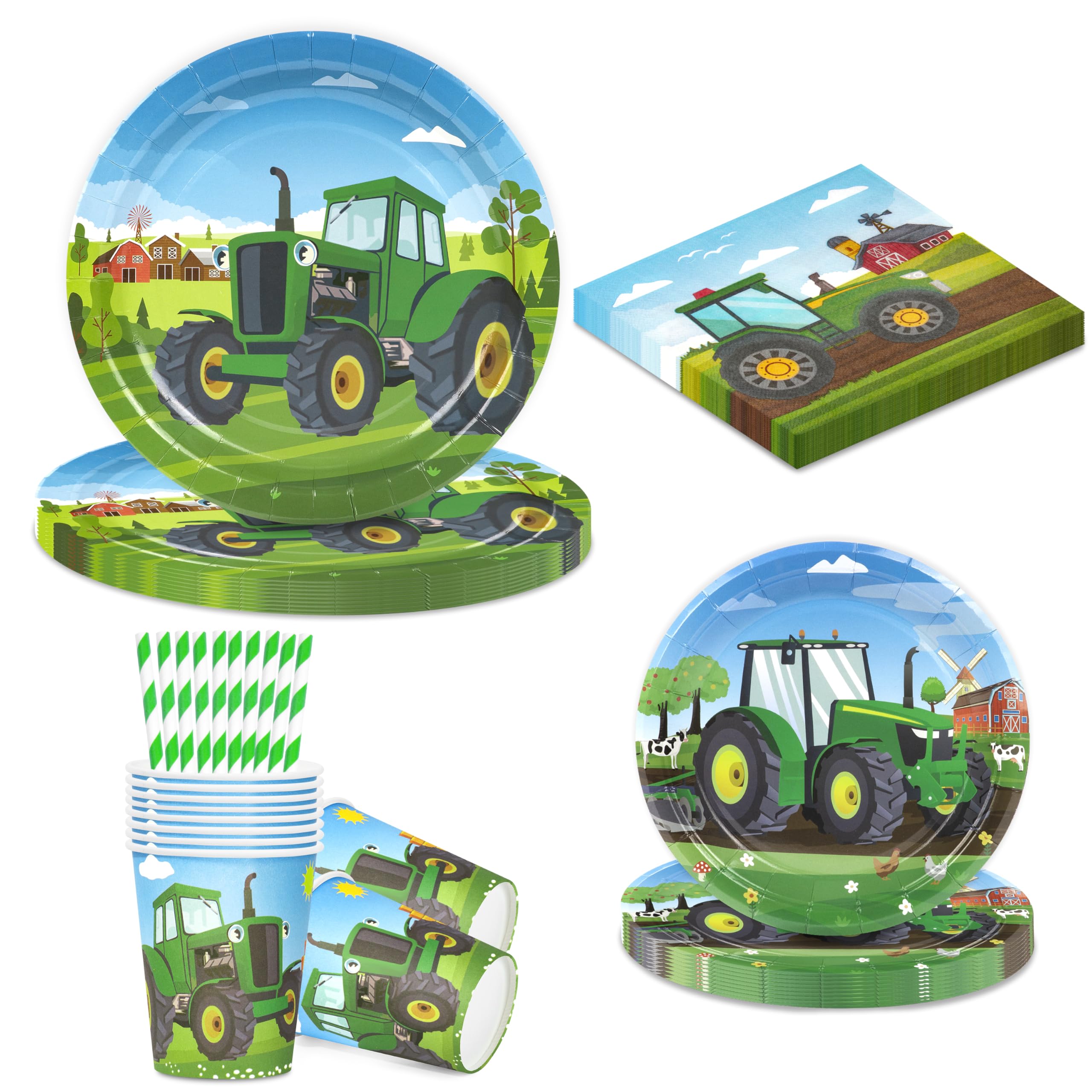 BuyCard Tractor Party Tableware Birthday Set For 10 People, Farm Party Disposable Plates 60 Pcs.Birthday Party Tableware With Tractor Napkins, Plates, Cups And Straws.