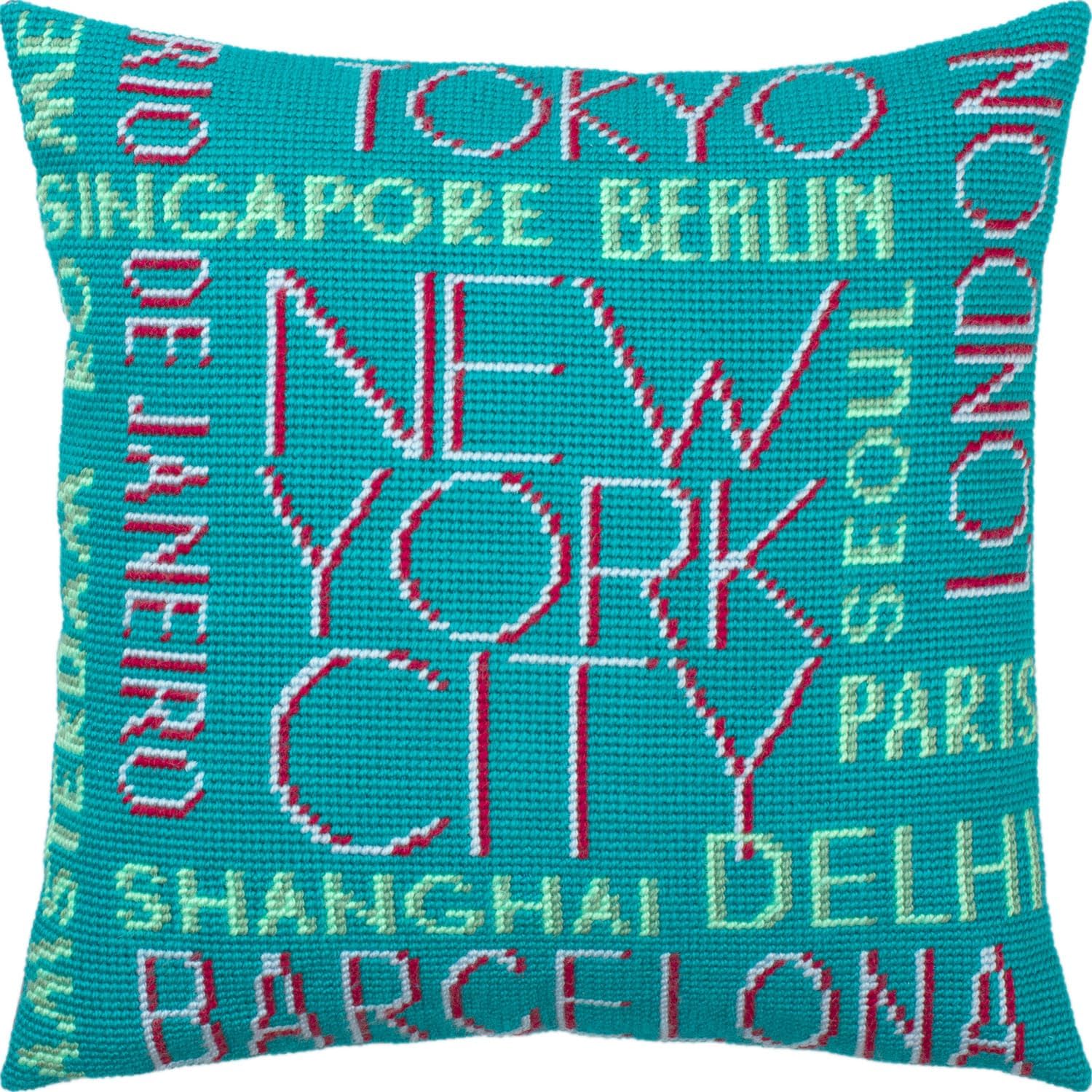 Brvsk Stamped Cross-Stitch Kit for Adults and Beginners — Cities 16″ × 16″ with Clear, Precise Printed Design on Cotton Canvas; Includes 2 Needles, Yarn, and Easy-Read Chart