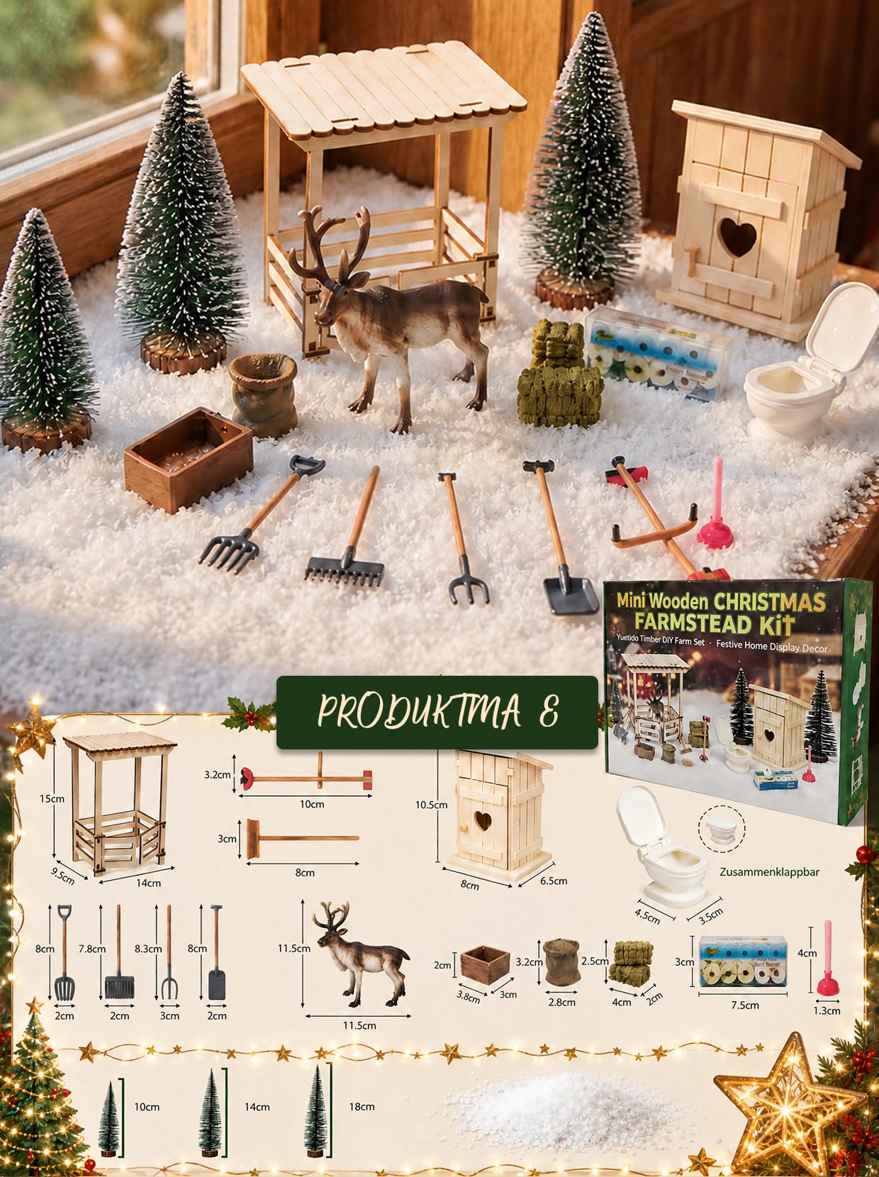 Juego de 20 accesorios en miniatura para puerta de amigo invisible, con establo de renos, inodoro de amigo invisible, abetos y nieve artificial, listo para escena navideña, apto para cualquier puerta